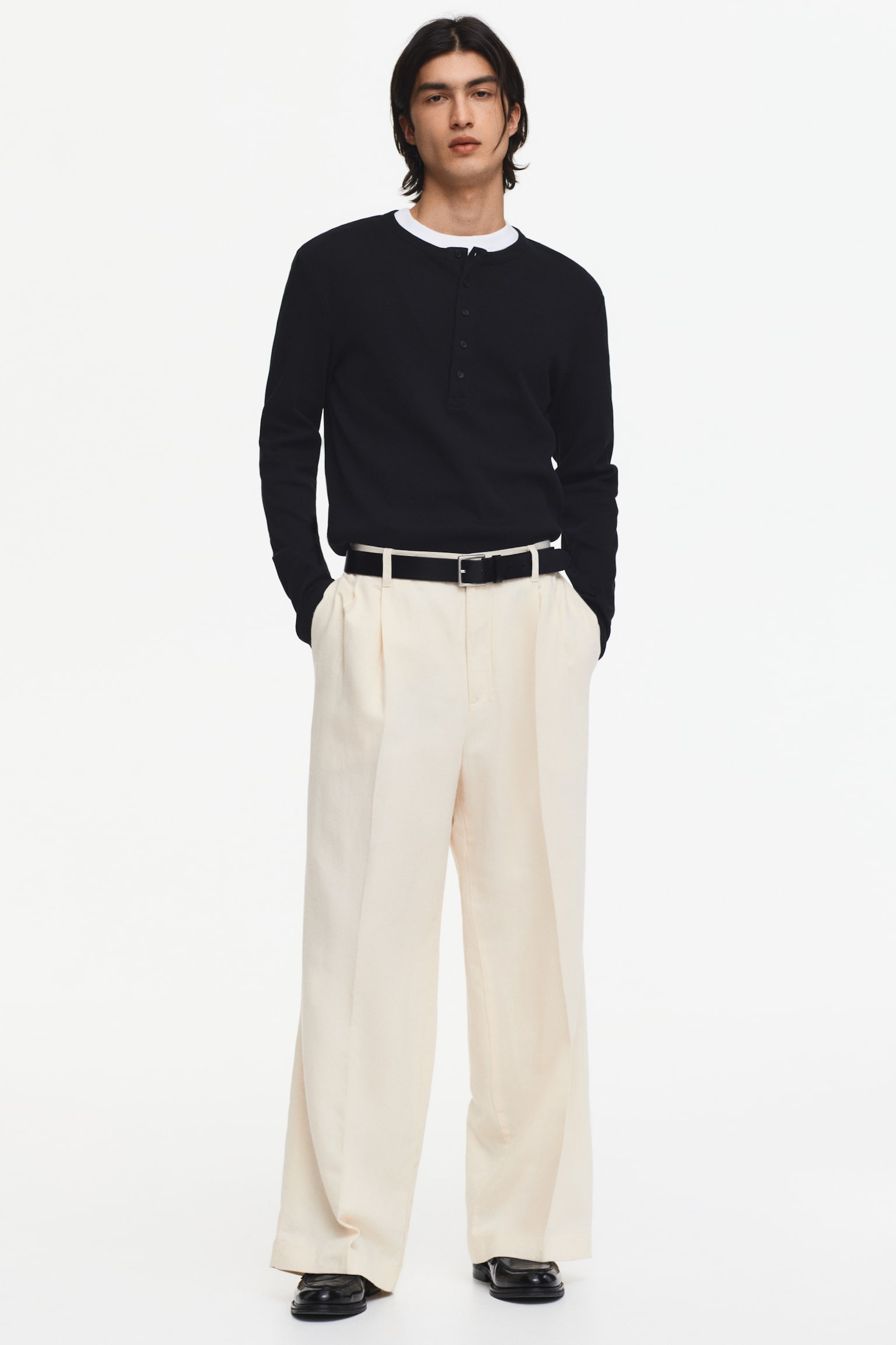 貼身羅紋亨利衫 - 黑色/深咖啡色/奶油色 - 4