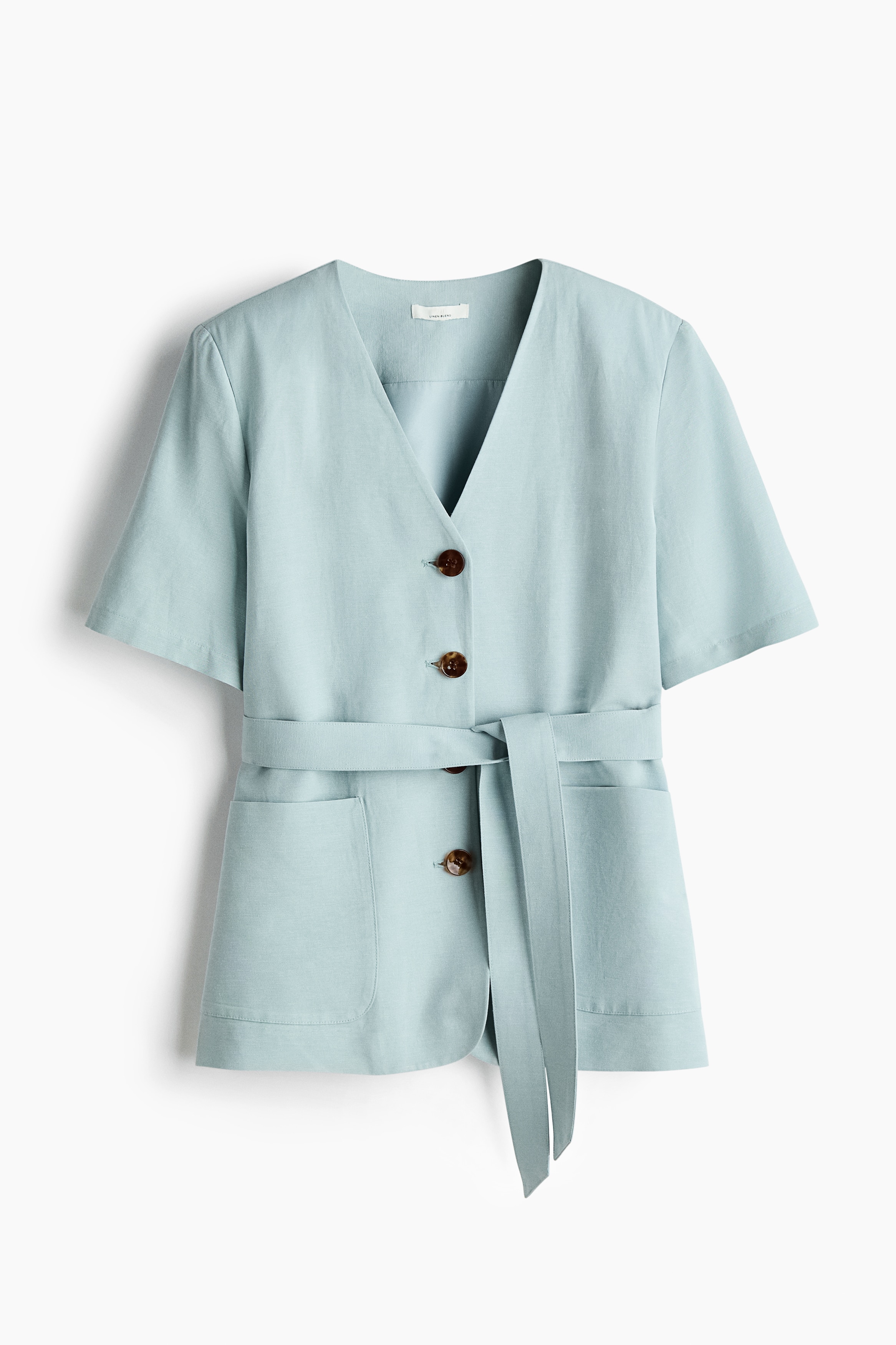 Short-sleeved linen-blend blazer - Light dusty turquoise