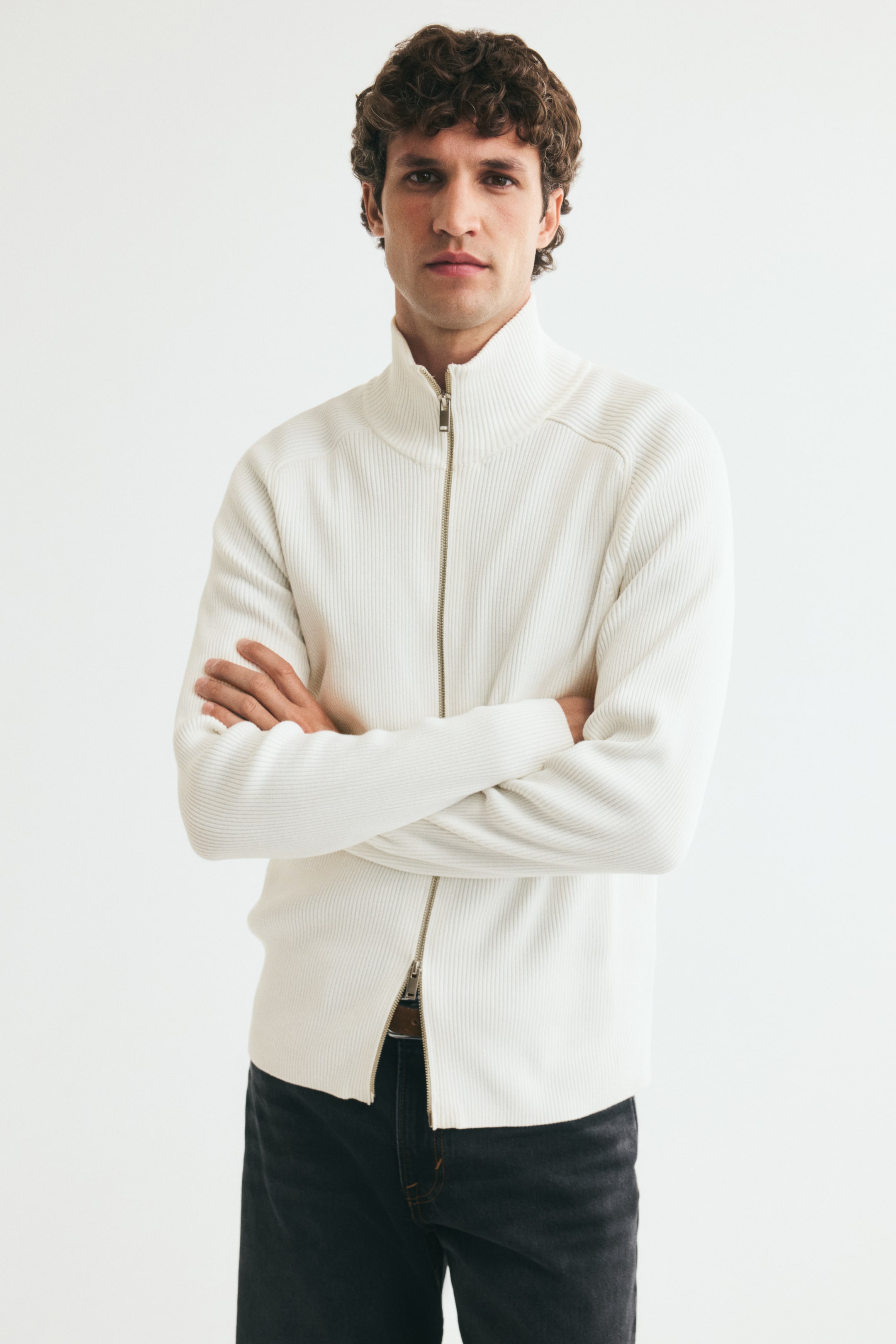 Se større billede: Ribstrikket cardigan Slim Fit - Hvid - HERRE | H&M DK 1