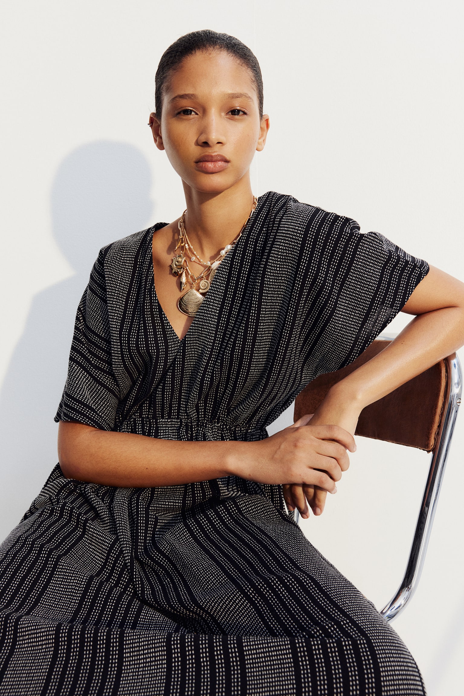 Drawstring-detail kaftan dress - Black/Striped/White/Blue striped - 1