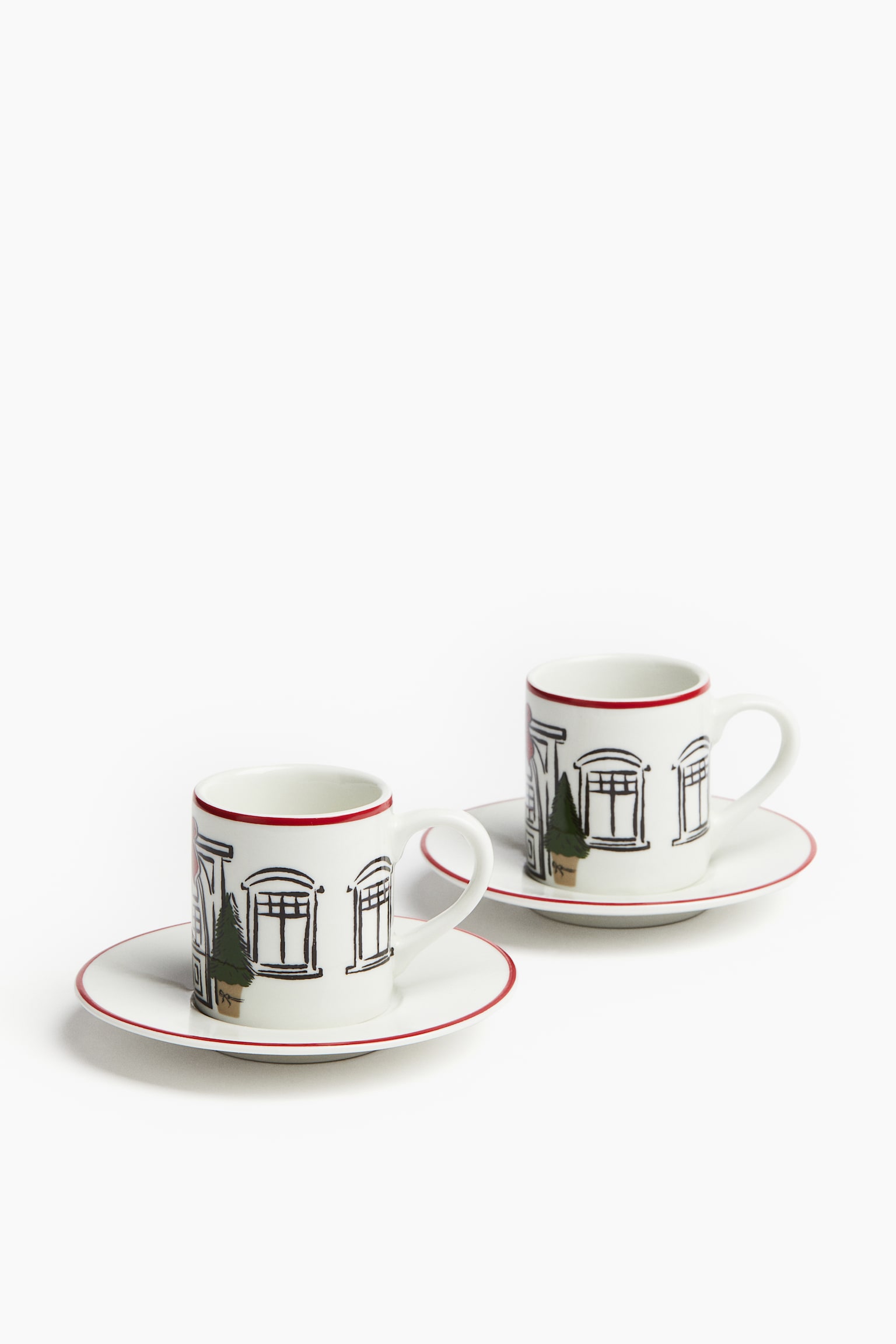 Gift-boxed 2-pack espresso cups & saucers - White/House/Red/Christmas motif - 4