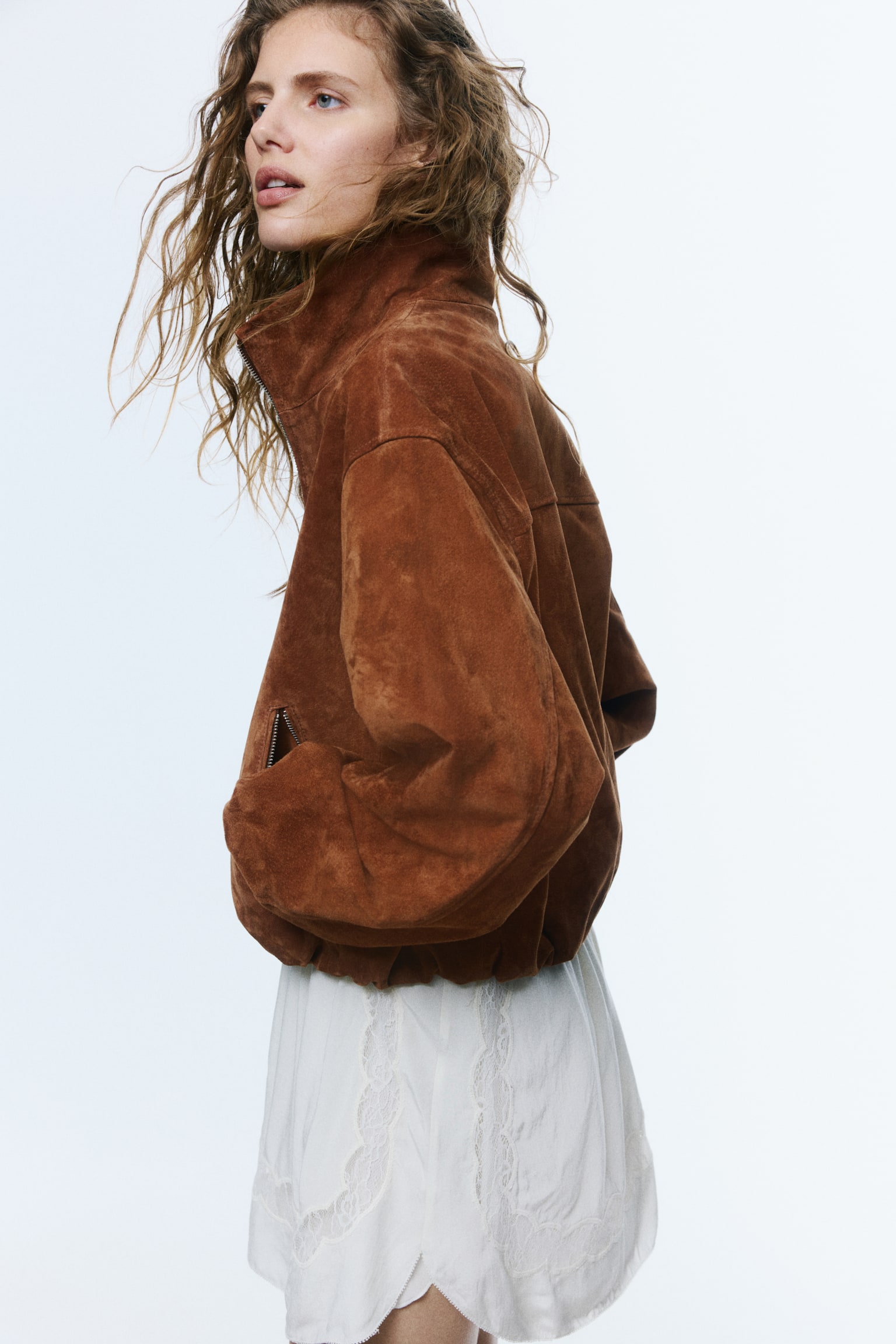 Oversized split suede jacket-Brown - 3