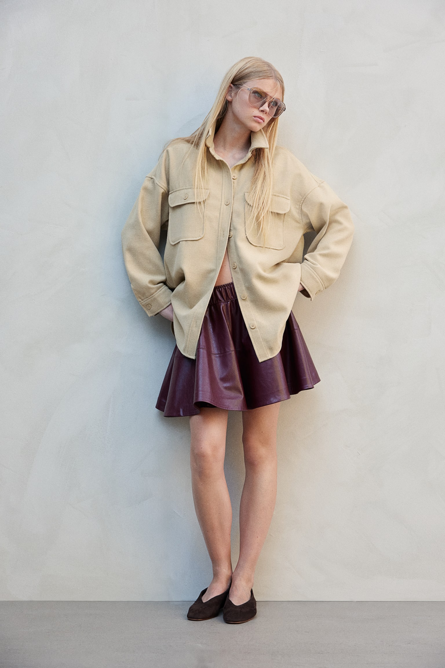 Oversized twill shirt - Beige/Beige/Checked/Dark brown - 5