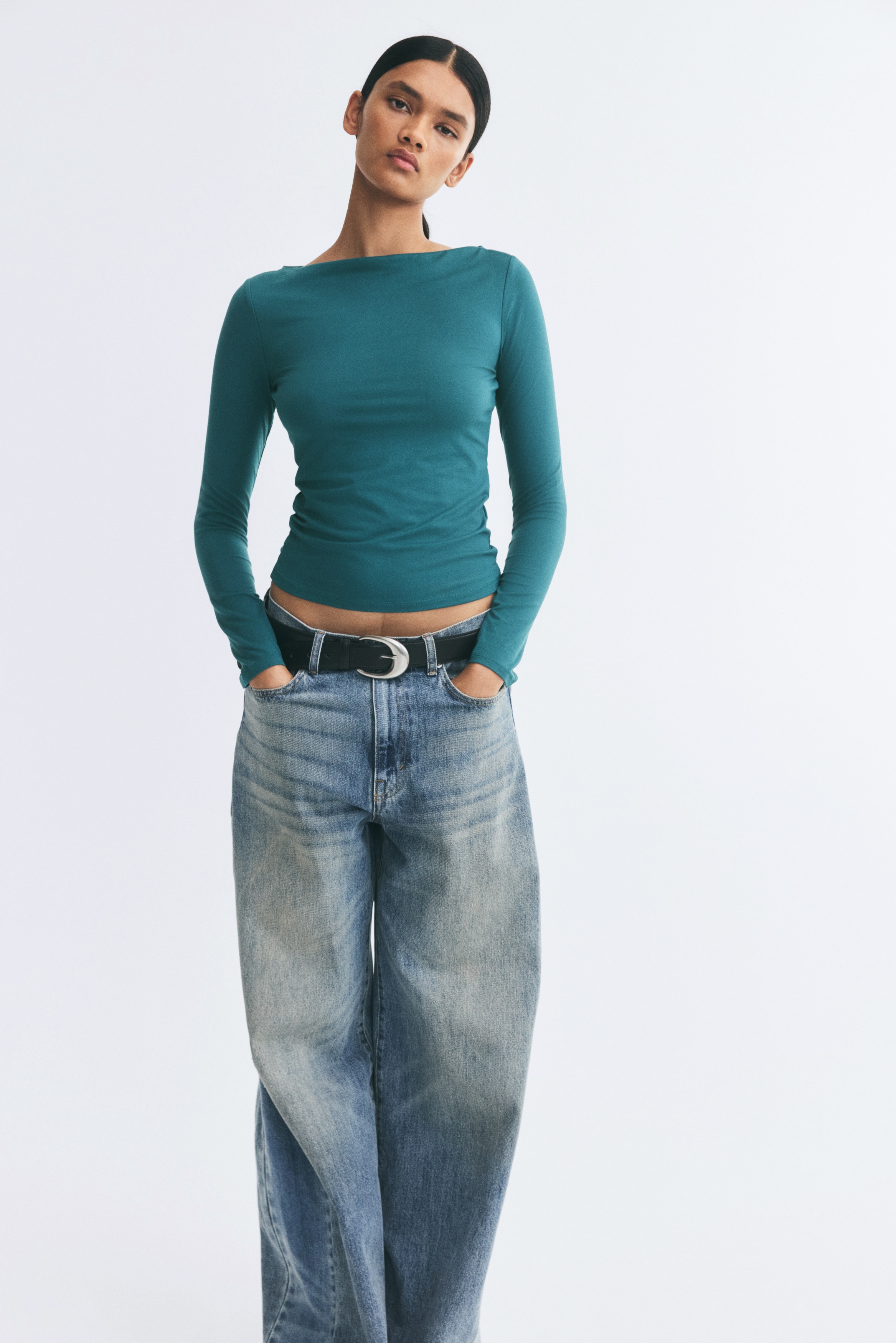Boat-neck jersey top - Turquoise/Mustard yellow