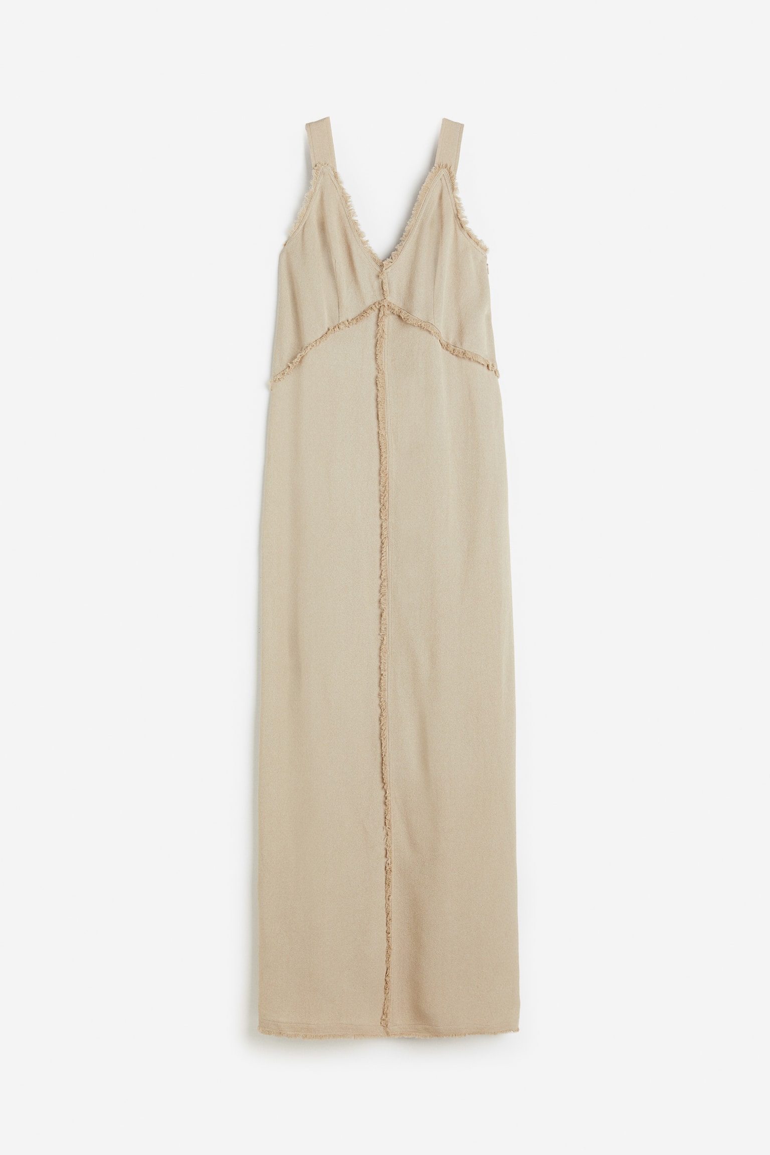 Fringe Trim Silk Blend Dress - Beige/White - 1