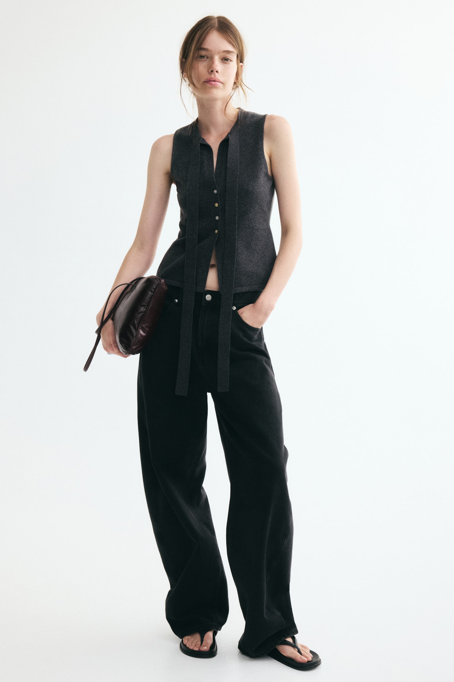 Женский топ H&M Knit Bow-Collar Top, цвет: Тёмный серый меланжевый — фото 4