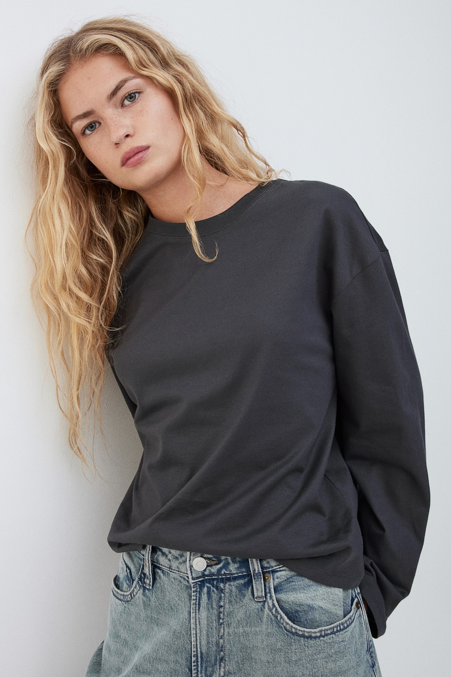 Long-sleeved cotton top - Dark grey/Black/Dusty pink/White/Light greige - 5