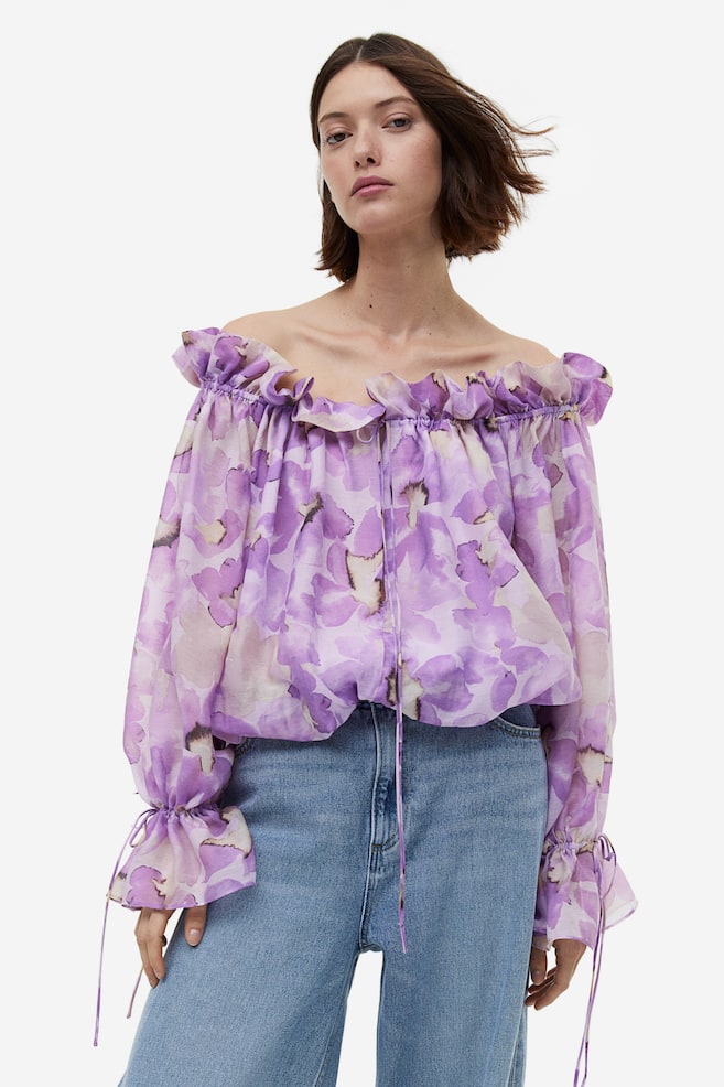 Off-the-shoulder blouse - Light purple/Floral/Red - 1