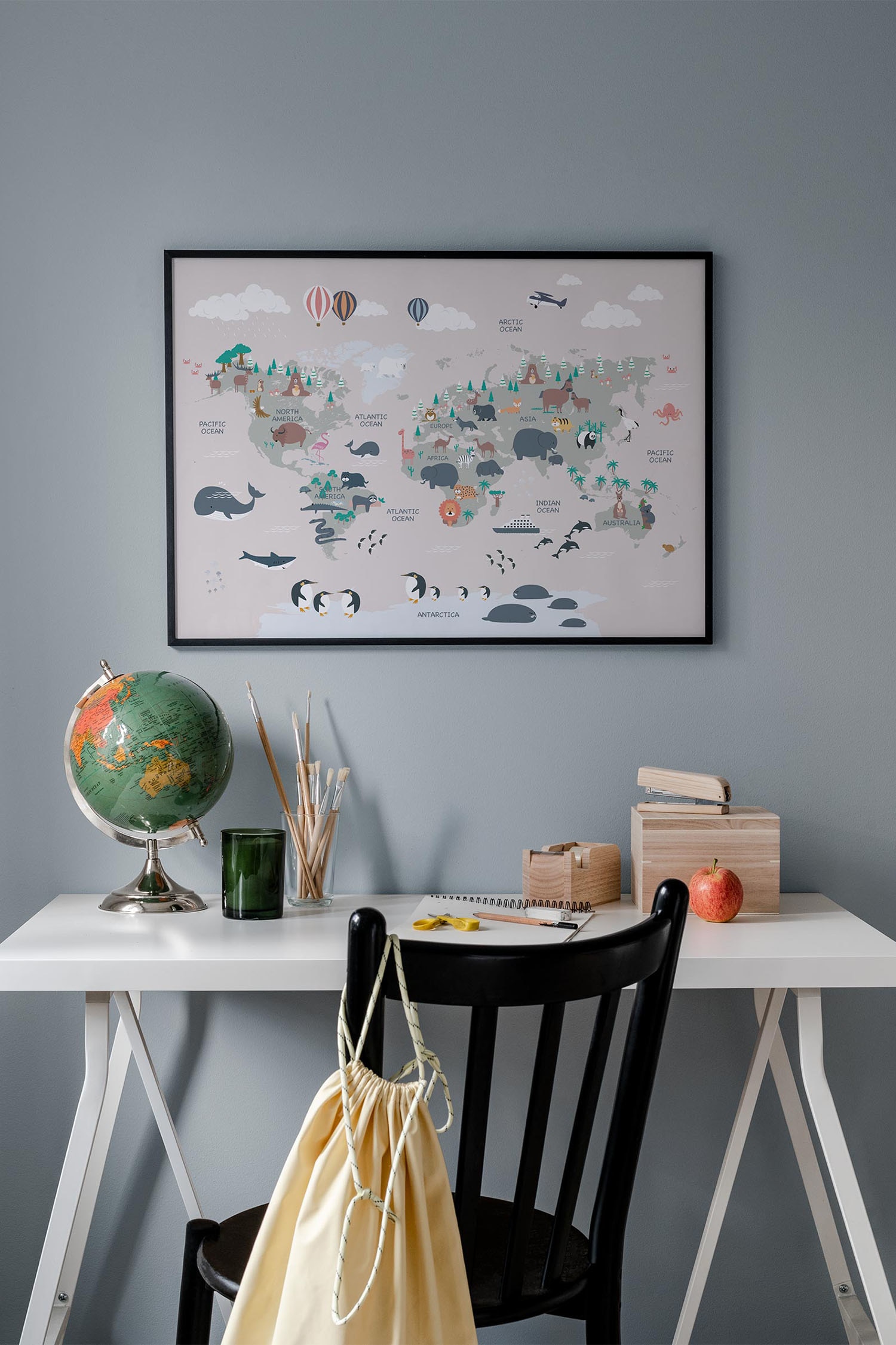 Animal World Map Beige Poster - Beige