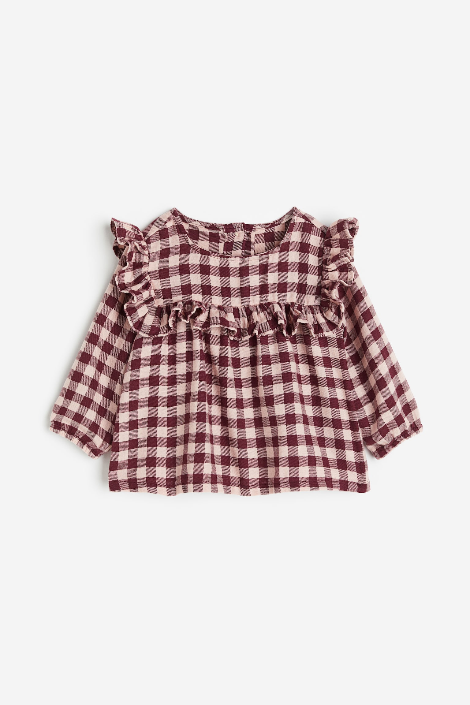 Frill-trimmed flannel blouse - Dark red/Checked - 1