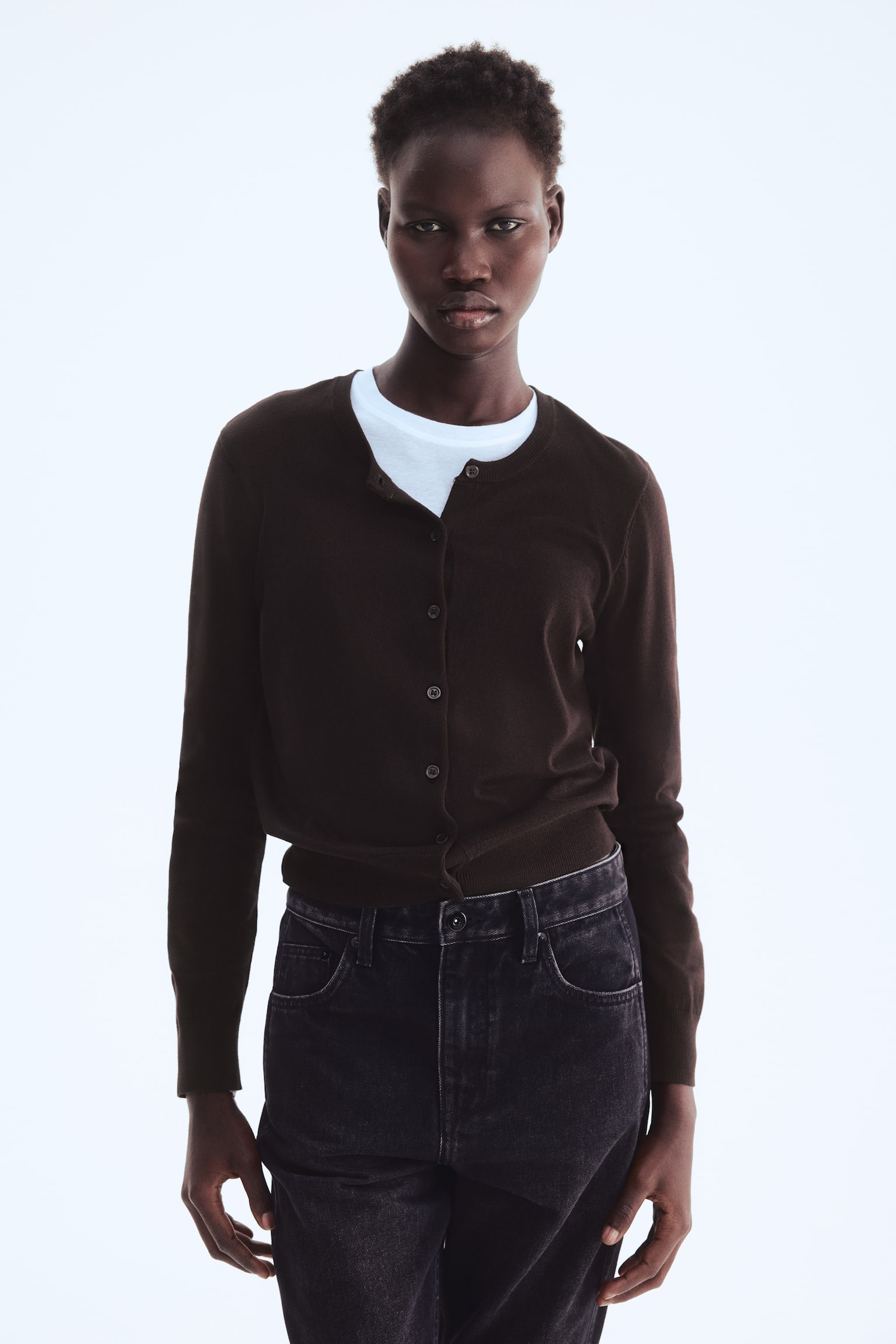 Fine-knit cardigan - Dark brown/Black/Bright orange/Light beige/Light greige/Light yellow/Lilac/Red/Green/Olive green/White/Striped - 5