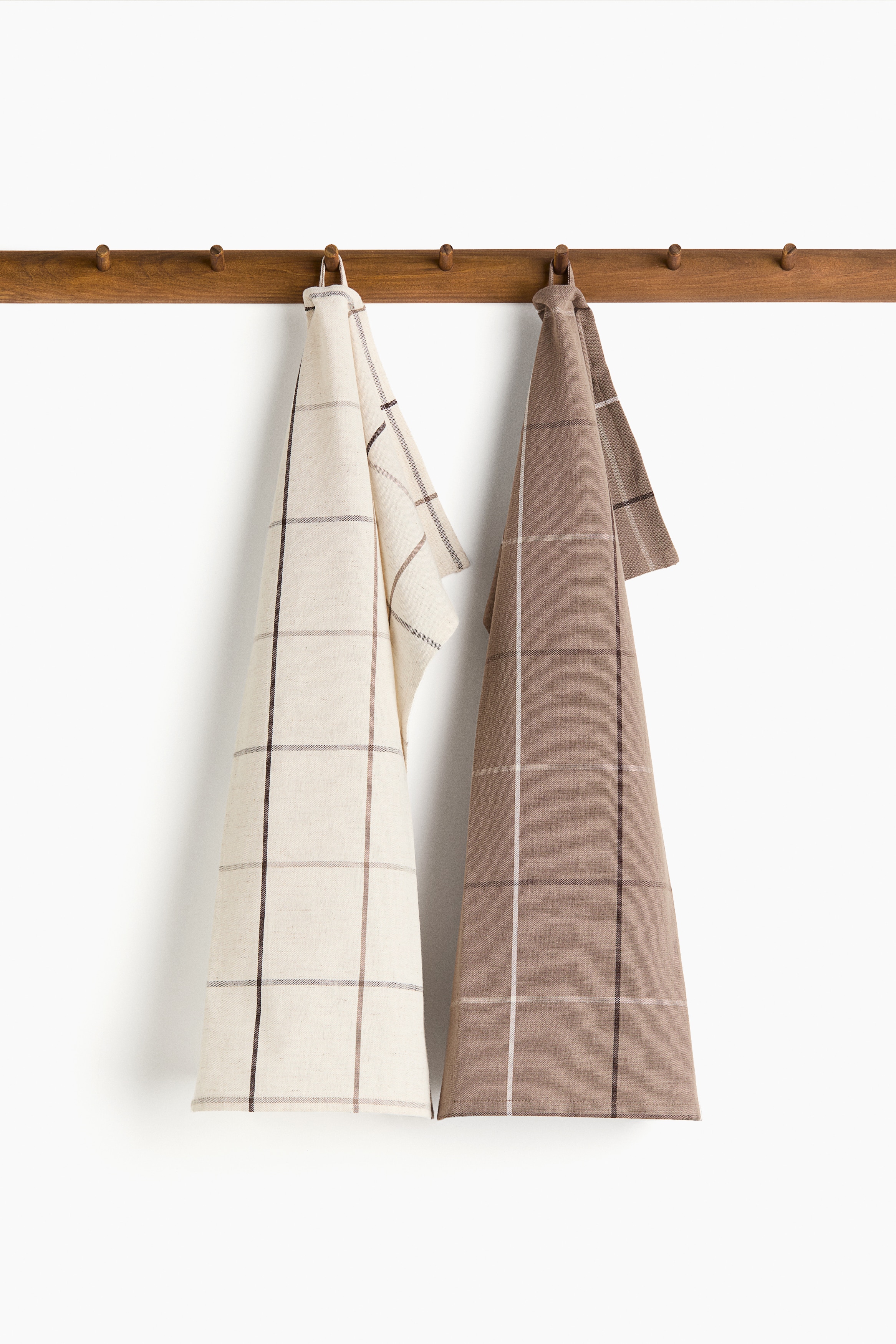 Lot de 2 linges à vaisselle en lin mélangé - Taupe/carreaux/Taupe/rayé