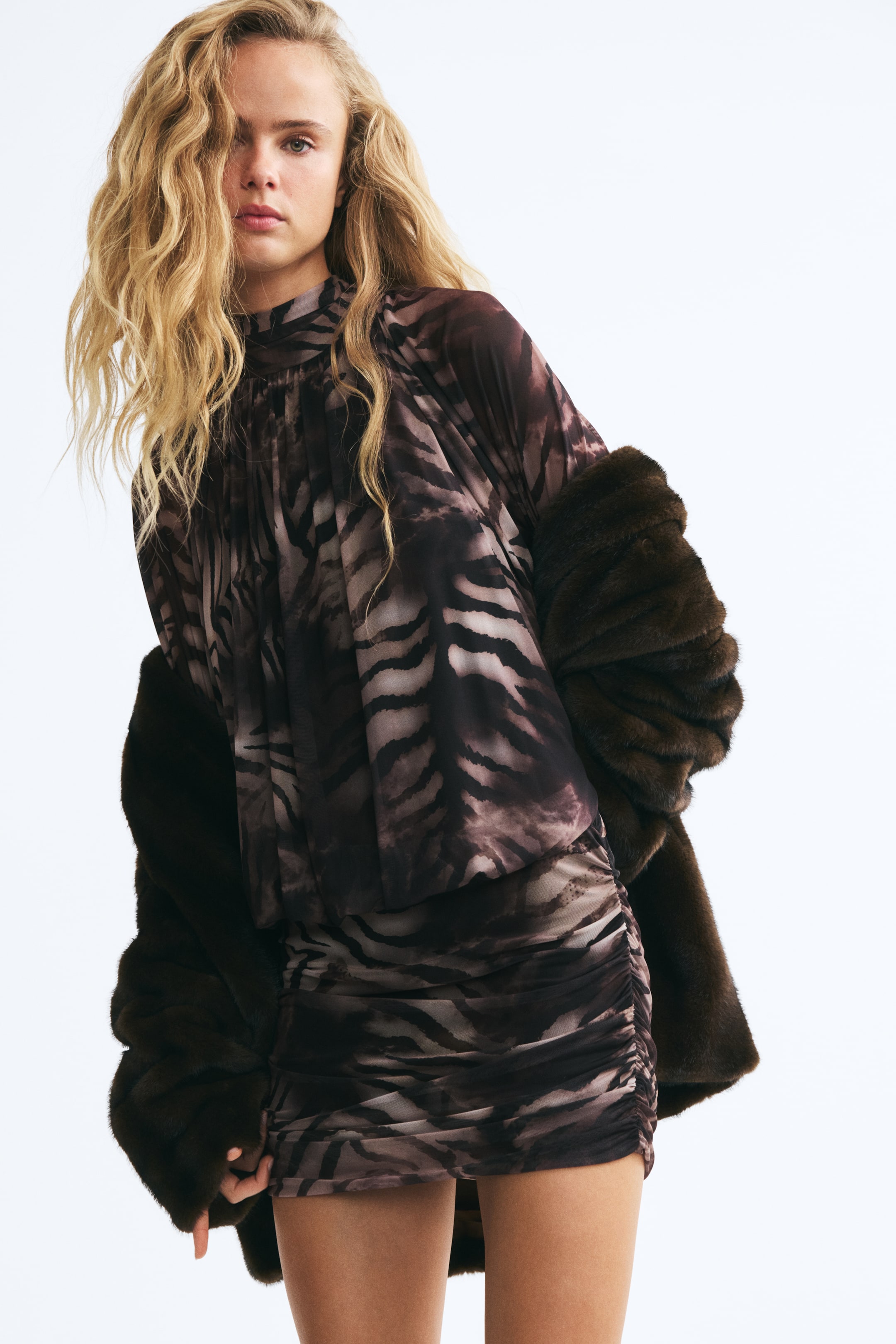 View larger image: Tie-detail mesh dress - Dark brown/Zebra print - Ladies | H&M 1
