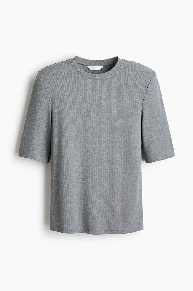A front-facing grey ribbed-knit top is showcasing structured, padded shoulders and a classic crew neckline. The top is featuring elbow-length sleeves, a fine vertical ribbing, and a straight hem. - 1