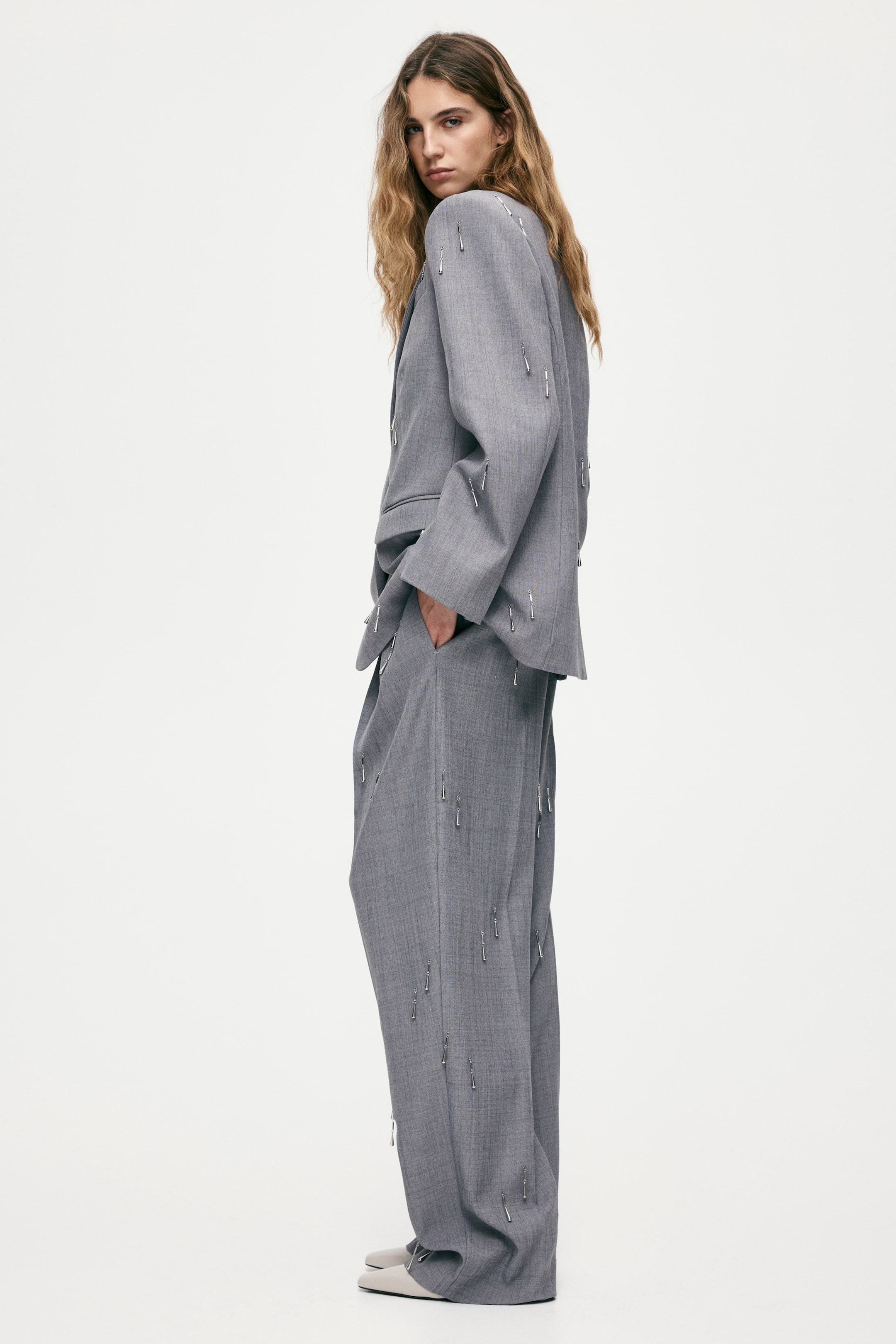 View larger image: Bead-embellished trousers - Grey - Ladies | H&M MY 4