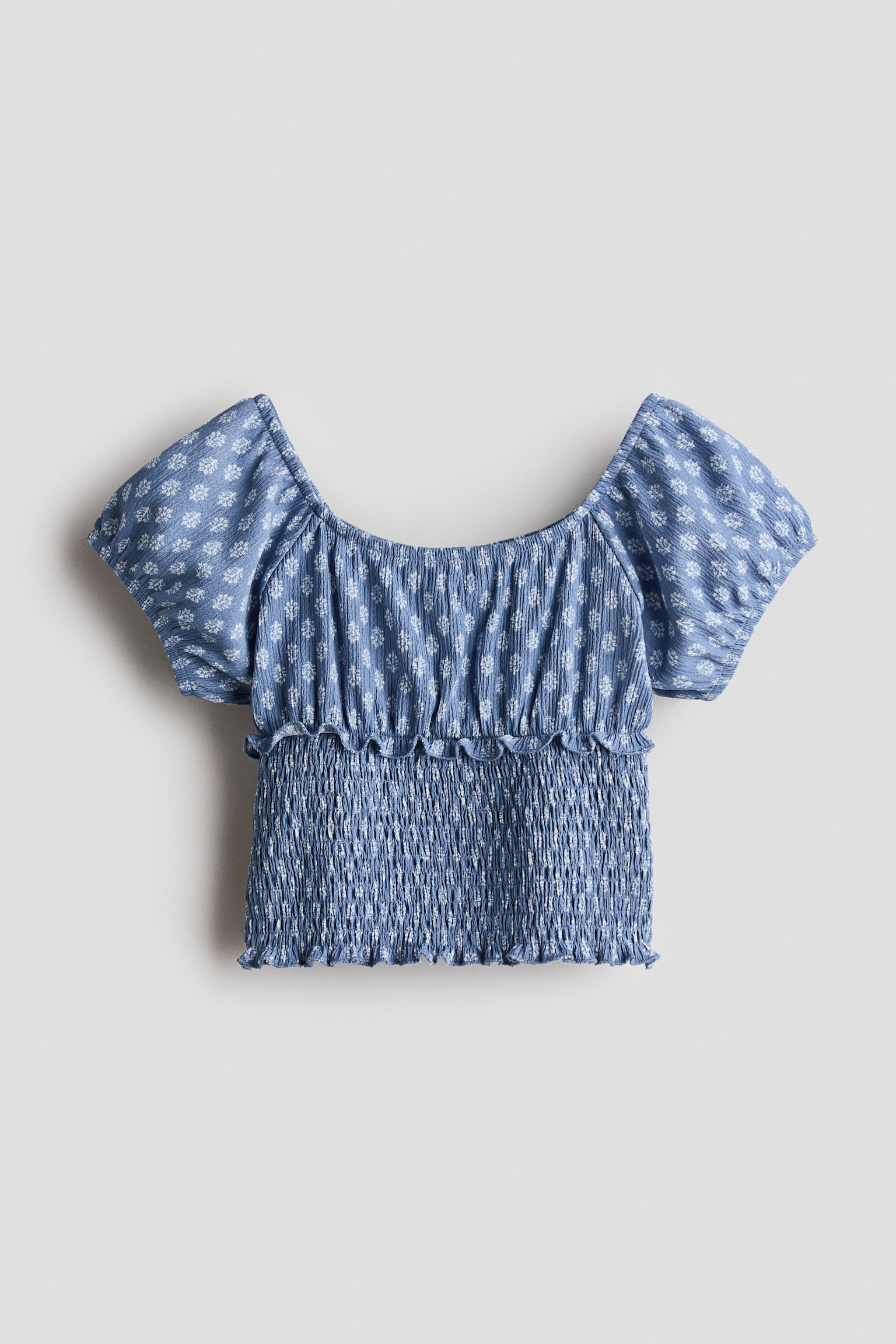 Off-the-shouldertop met smokwerk - Duifblauw/dessin
