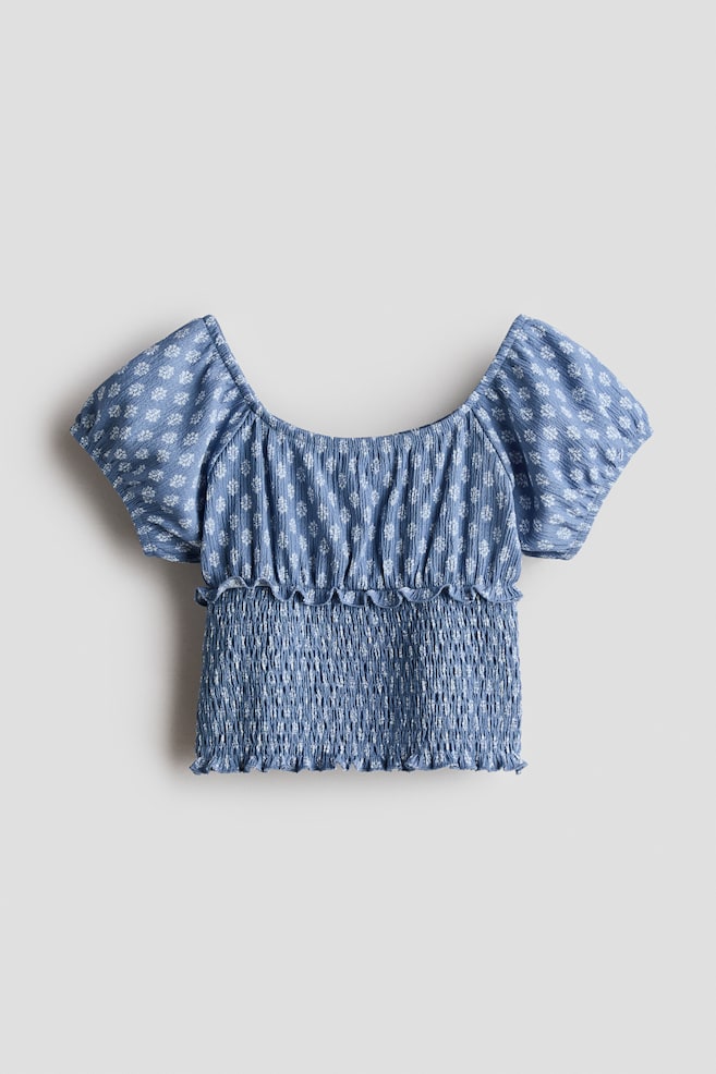Smocked off-the-shoulder top - Pigeon blue/Patterned - 1