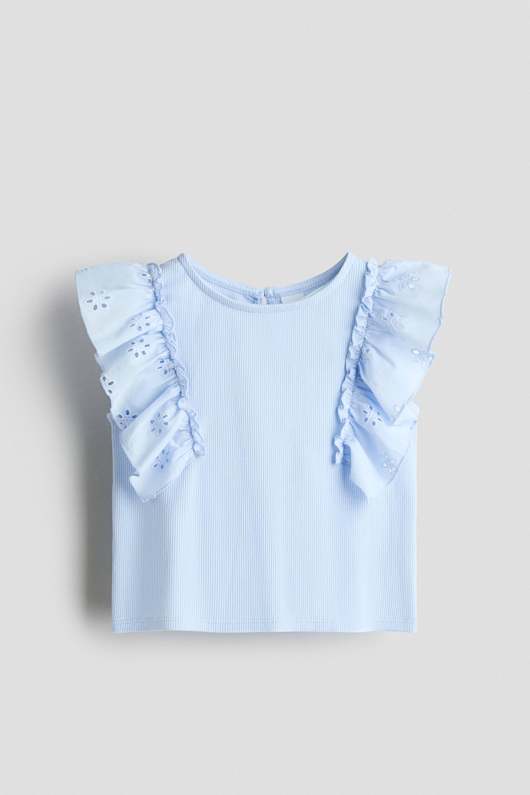 View larger image: A light blue ribbed top is shown from the front. It features a ribbed body, a round neckline, short ruffled sleeves with eyelet embroidery, and a small button closure at the back of the neck.
