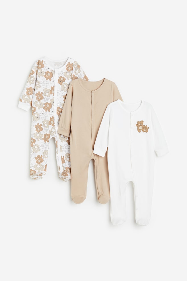 3-pack cotton sleepsuits - Light beige/Teddy bears/Light pink/Floral - 1