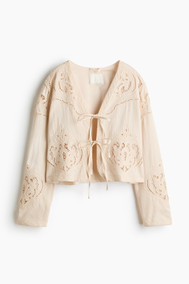 Veste en lin mélangé avec broderie anglaise - Beige clair - 1