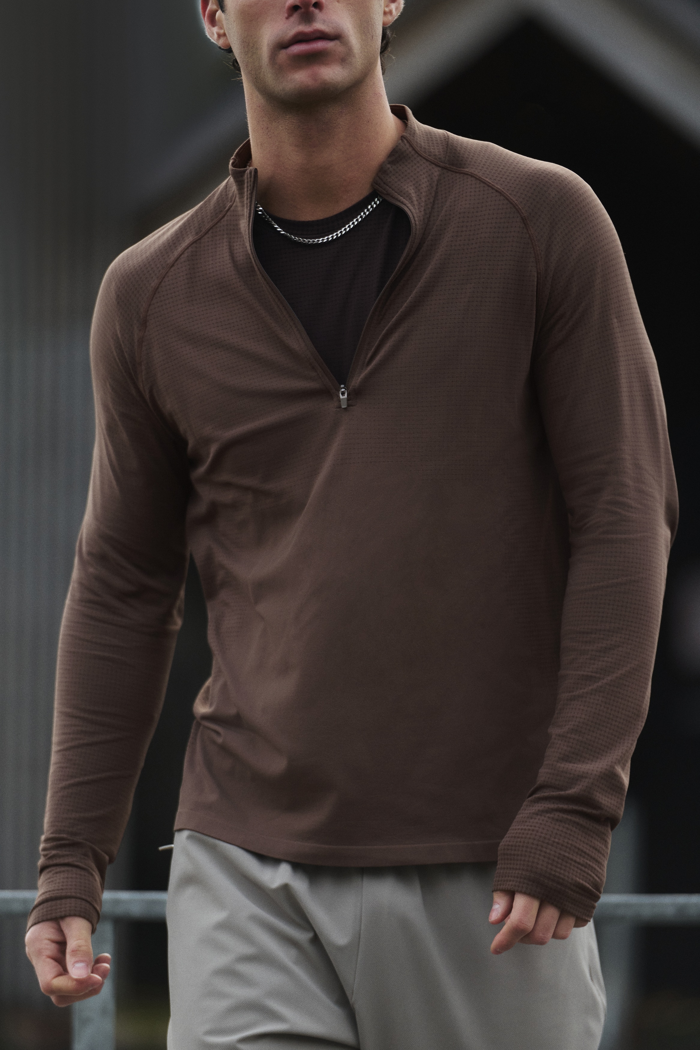 マッスルフィット ハーフジップスポーツトップス DryMove™ - ブラウン/ブラウン/ネイビーブルー