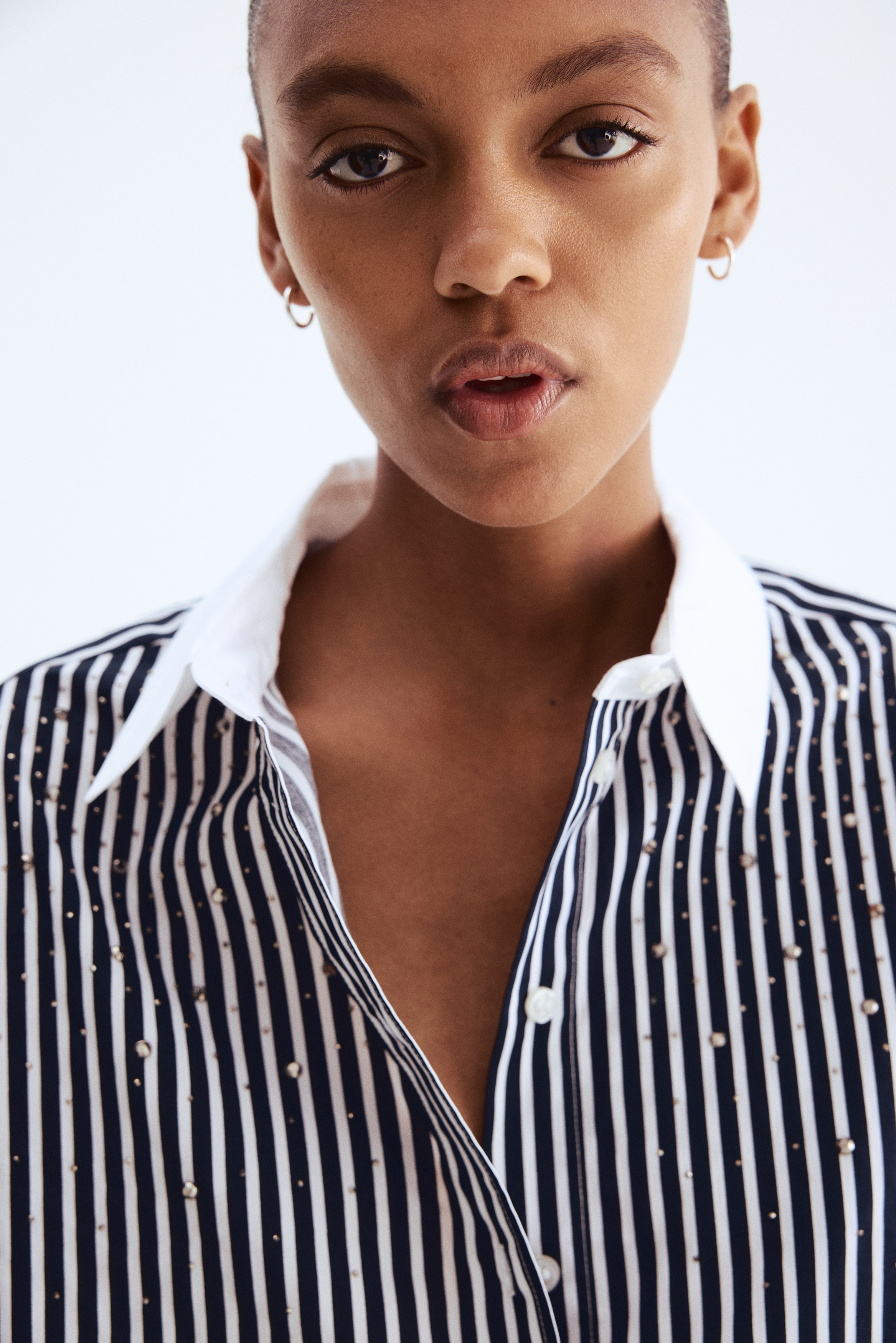 Signore - Blu navy/righe Camicia decorata di strass - Size: L  - H&M