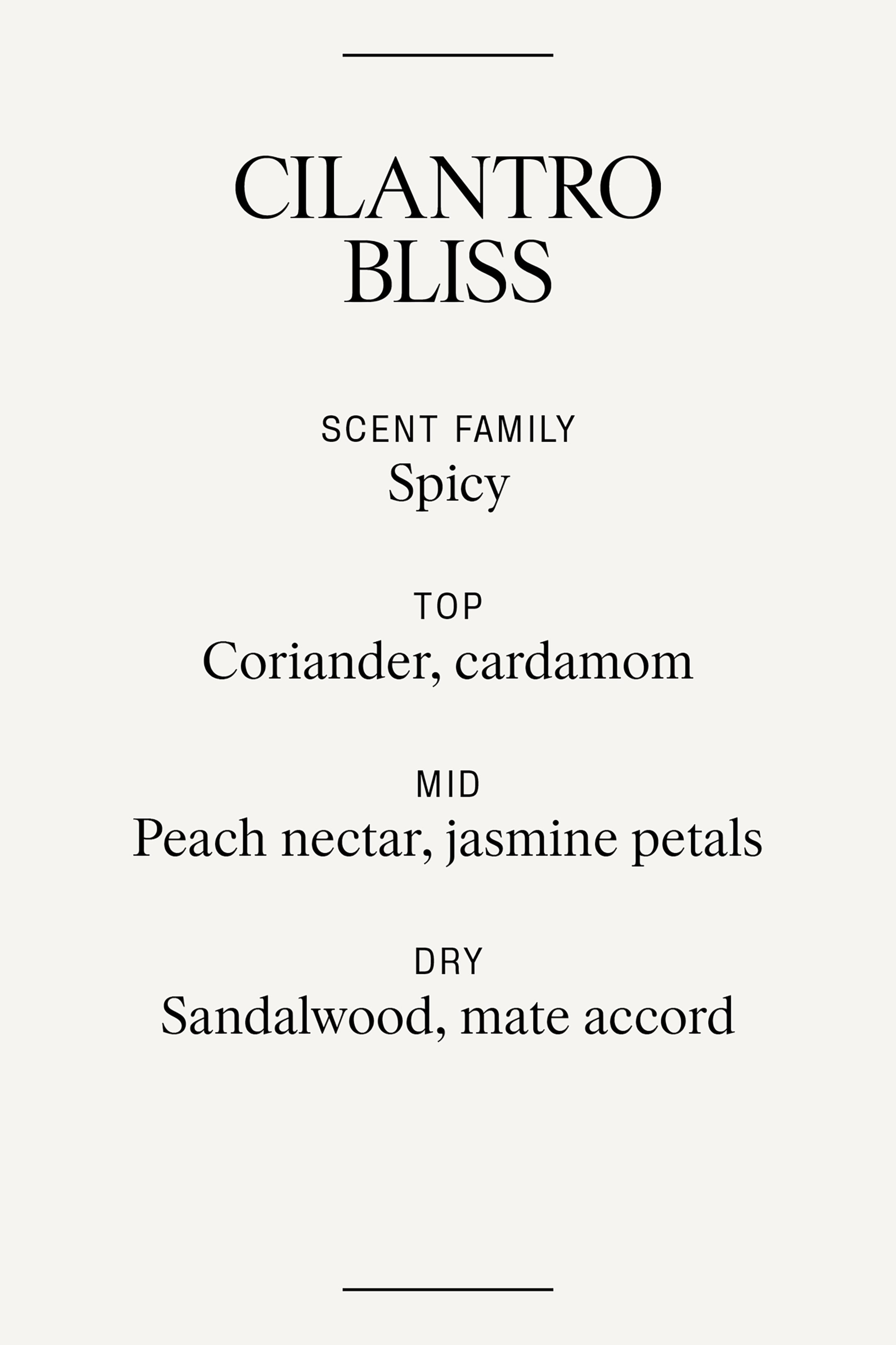 Visa större bild: Produkten presenterar en doftprofil för 'CILANTRO BLISS,' med en kryddig doftfamilj med toppnoter av koriander och kardemumma, mellannoter av persikonektar och jasminblad, och basnoter av sandelträ och mateackord. Denna textinformation visas i mörk stil på en ljus bakgrund, accentuerad av två tunna horisontella linjer.
