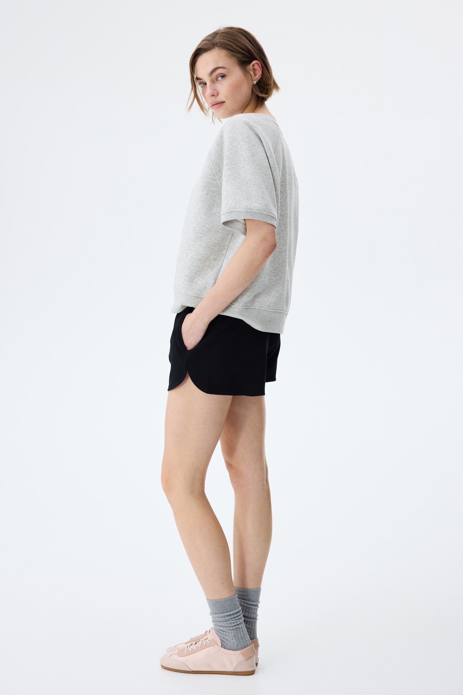 Top z teplákoviny s krátkými rukávy - Světle šedý melír/Tlumená světle růžová/Tmavě hnědá - 3