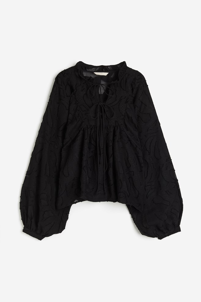 Textured-weave balloon-sleeved blouse - Black/Cream - 2