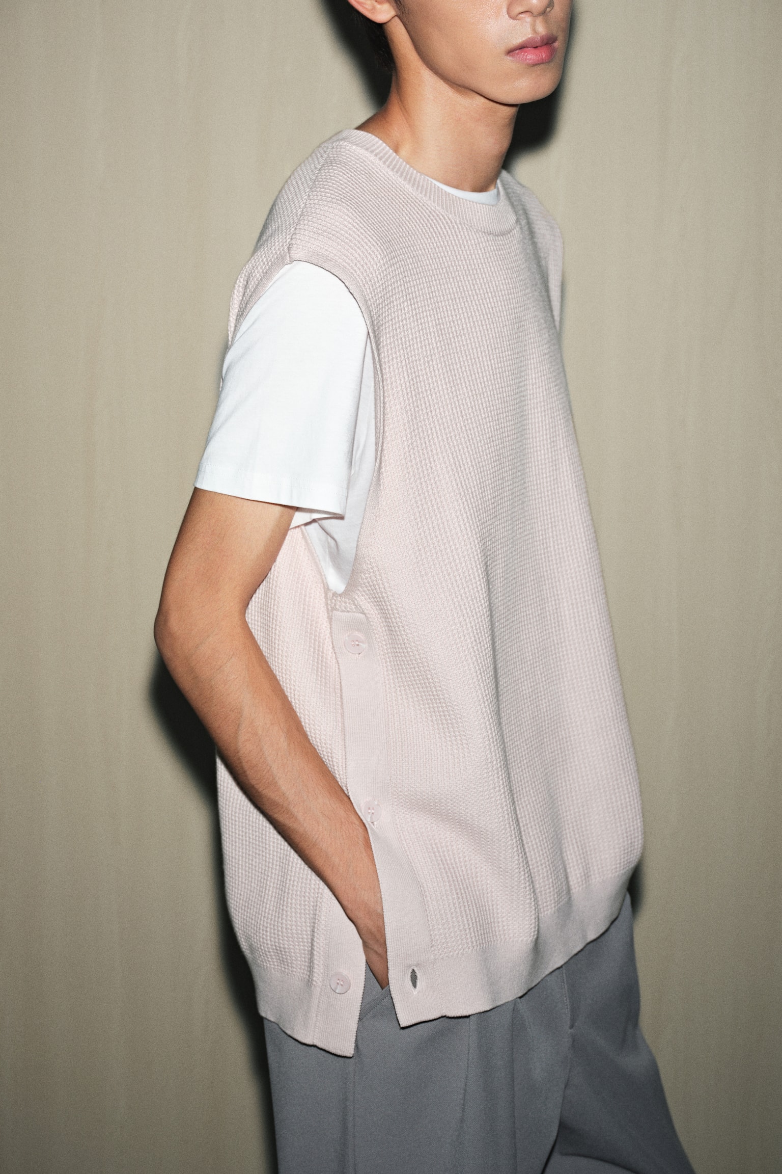 와플 텍스처 스웨터 베스트 루즈핏 - 핑크/블랙 - 6