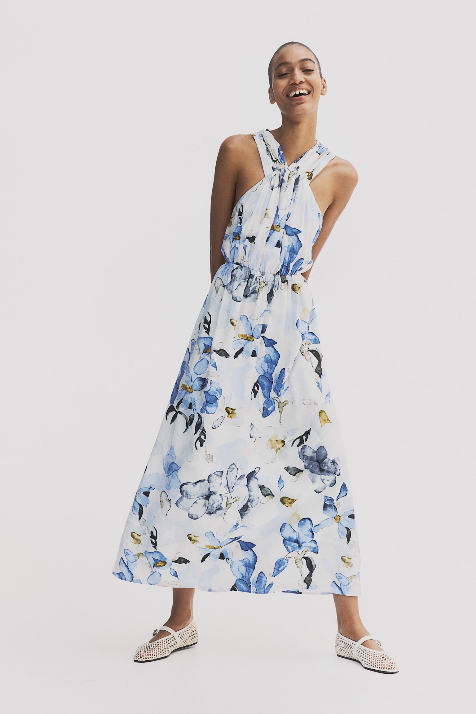 Open Back Dress - White/Blue floral/White/Floral - 1