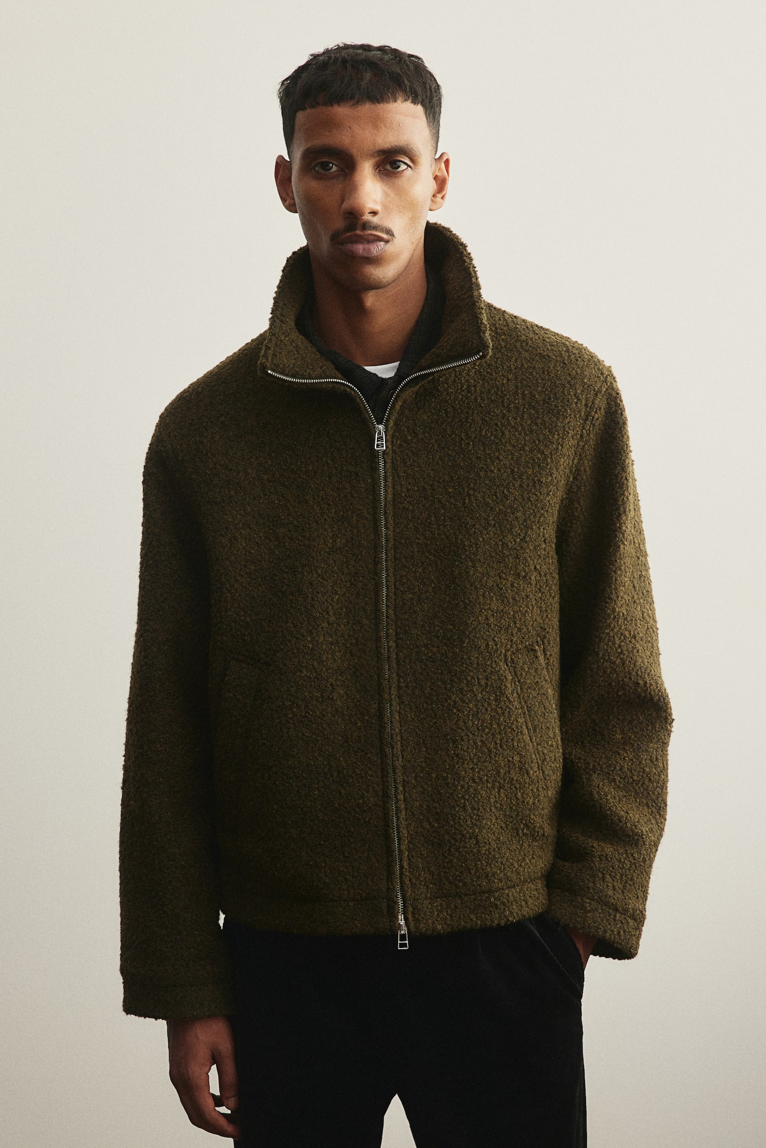 Regular Fit Wool-blend bouclé jacket - Dark khaki green/Dark brown/Light beige marl - 5