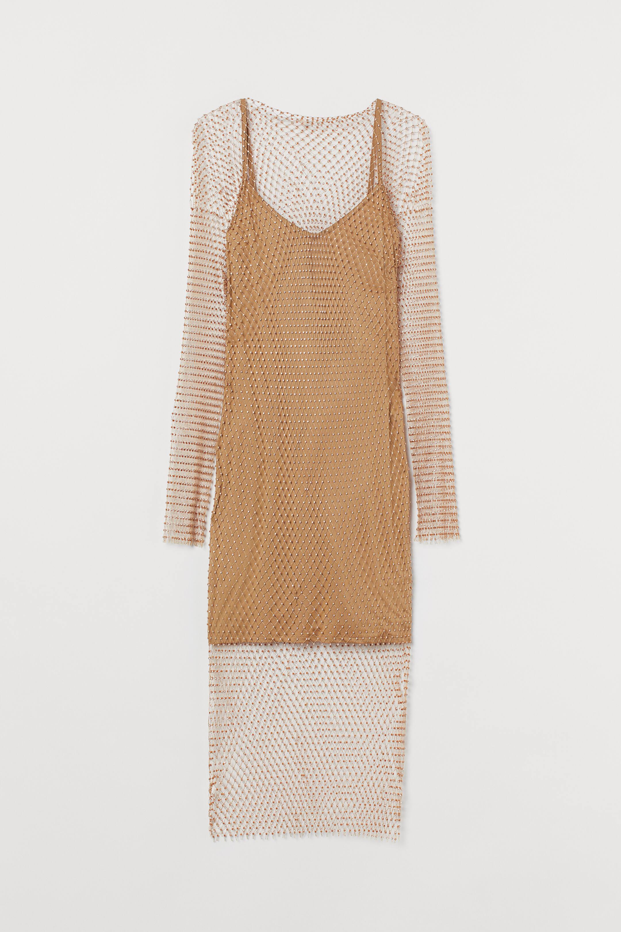 Rhinestone-detail mesh dress - Boat neck - Long sleeve - Dark 