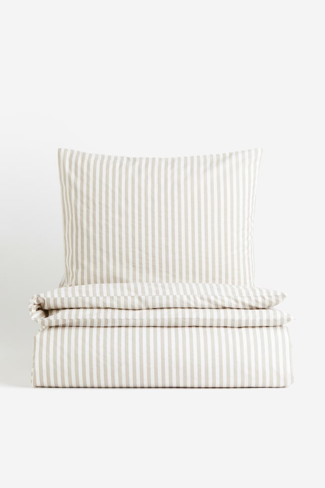 Cotton single duvet cover set - Light greige/White striped - 1