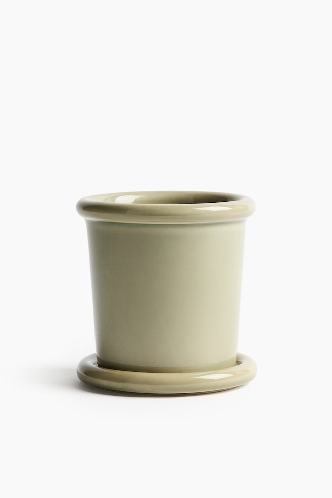 Extra-small stoneware plant pot with saucer - Light green/Light yellow/Dark brown/White/Light grey - 1