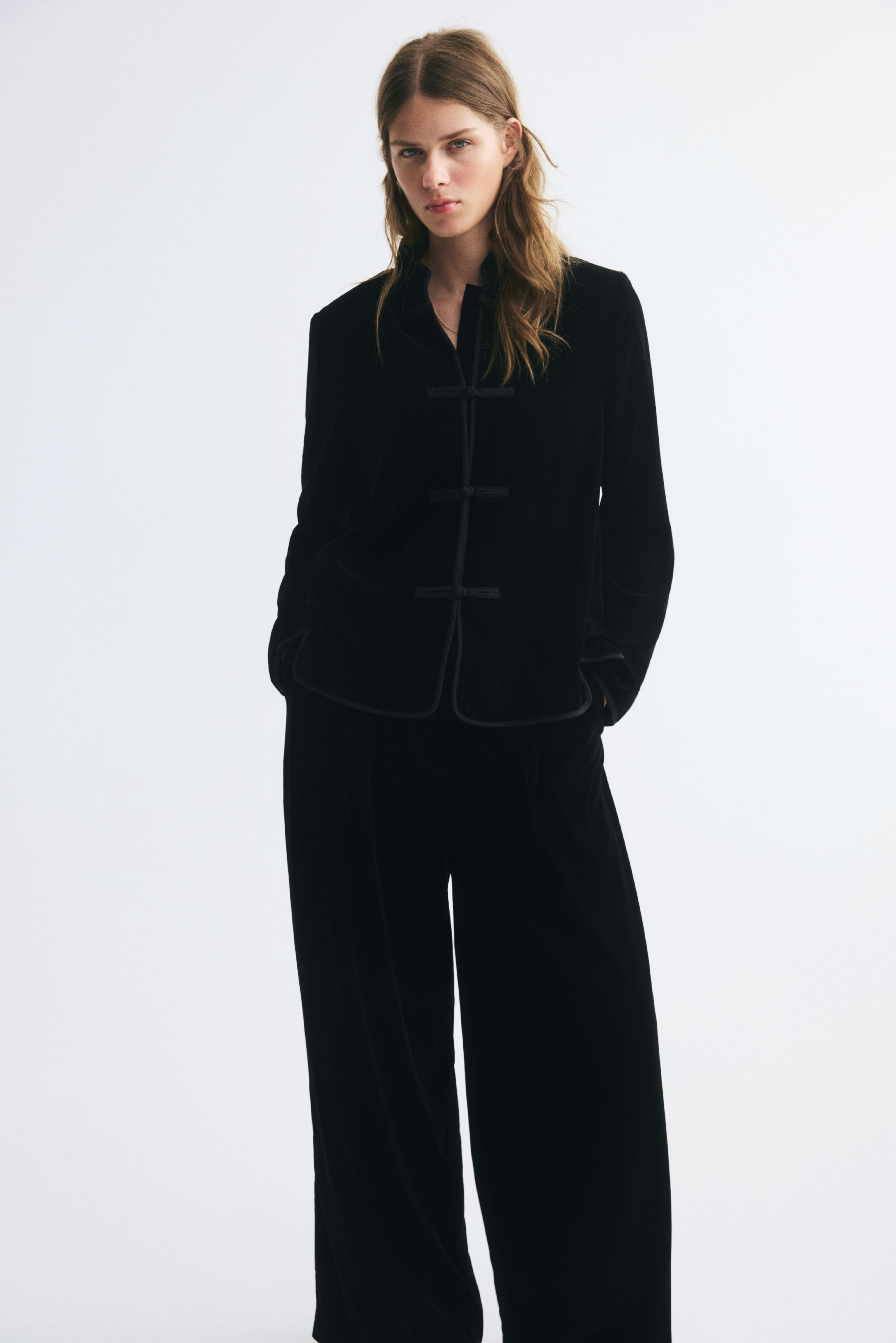 Knot-Button Velvet Jacket