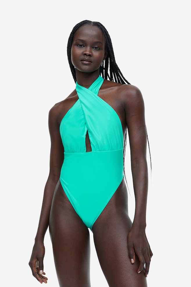 High-leg halterneck swimsuit - Bright green/Black/Turquoise/Butterflies - 4
