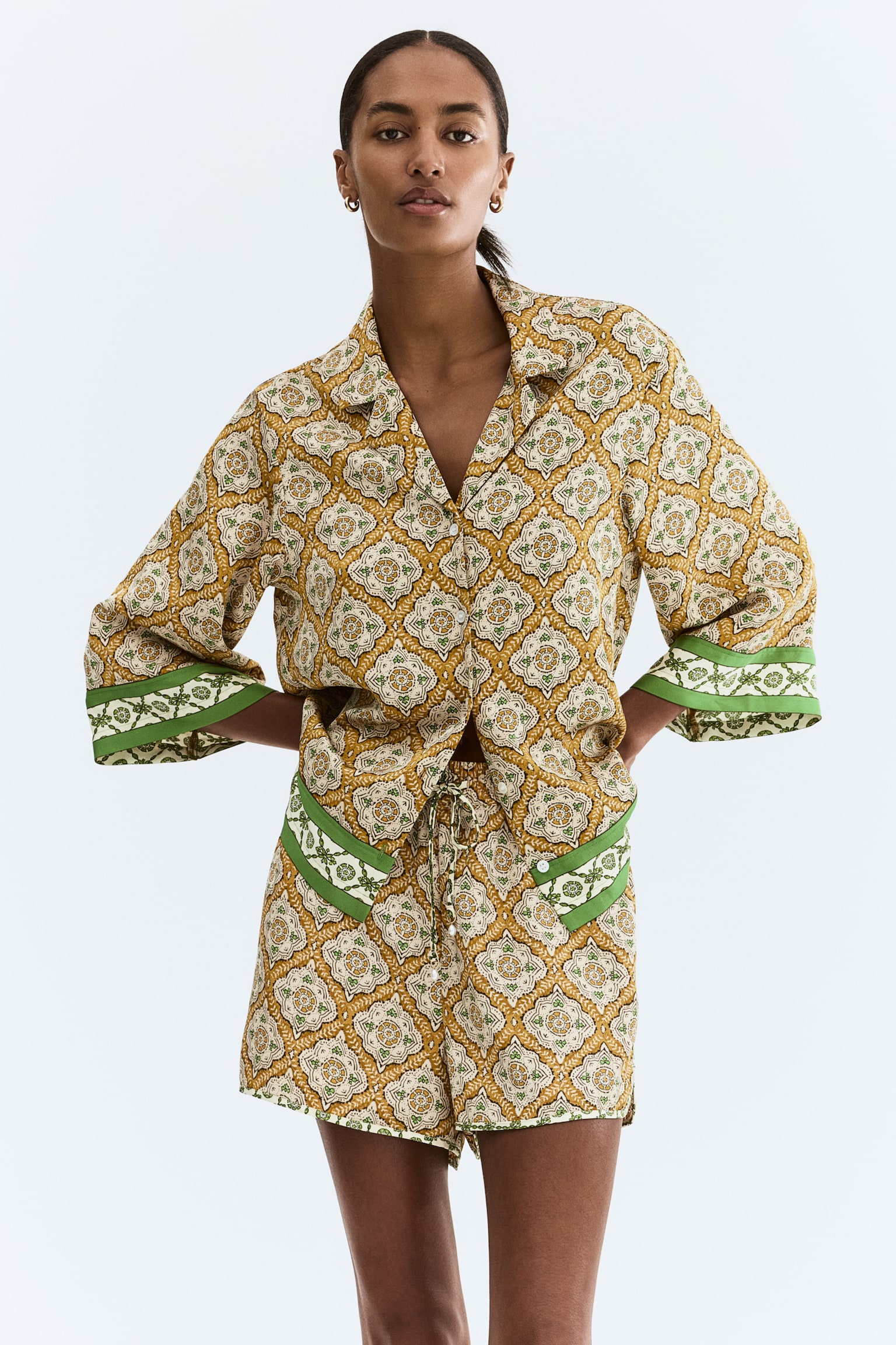 Áo sơ mi hoa văn cổ hai ve - Màu vàng mù tạt/Hoa văn/Màu hồng nhạt/Hoa - 3