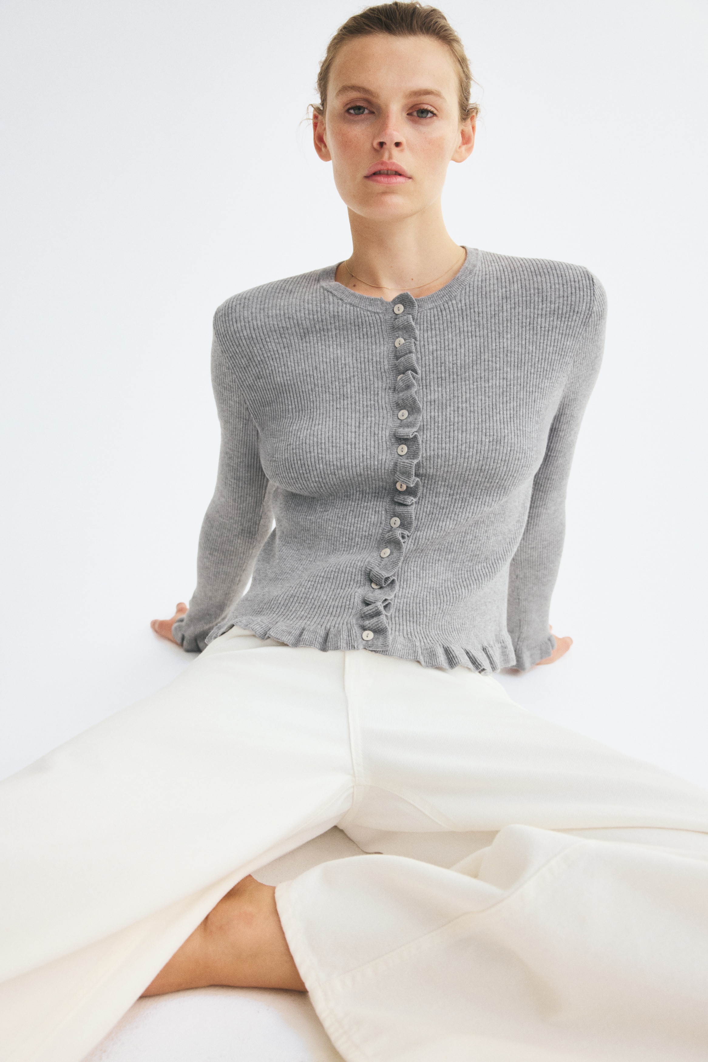 Ruffled Rib-Knit Cardigan - thumbnail 2
