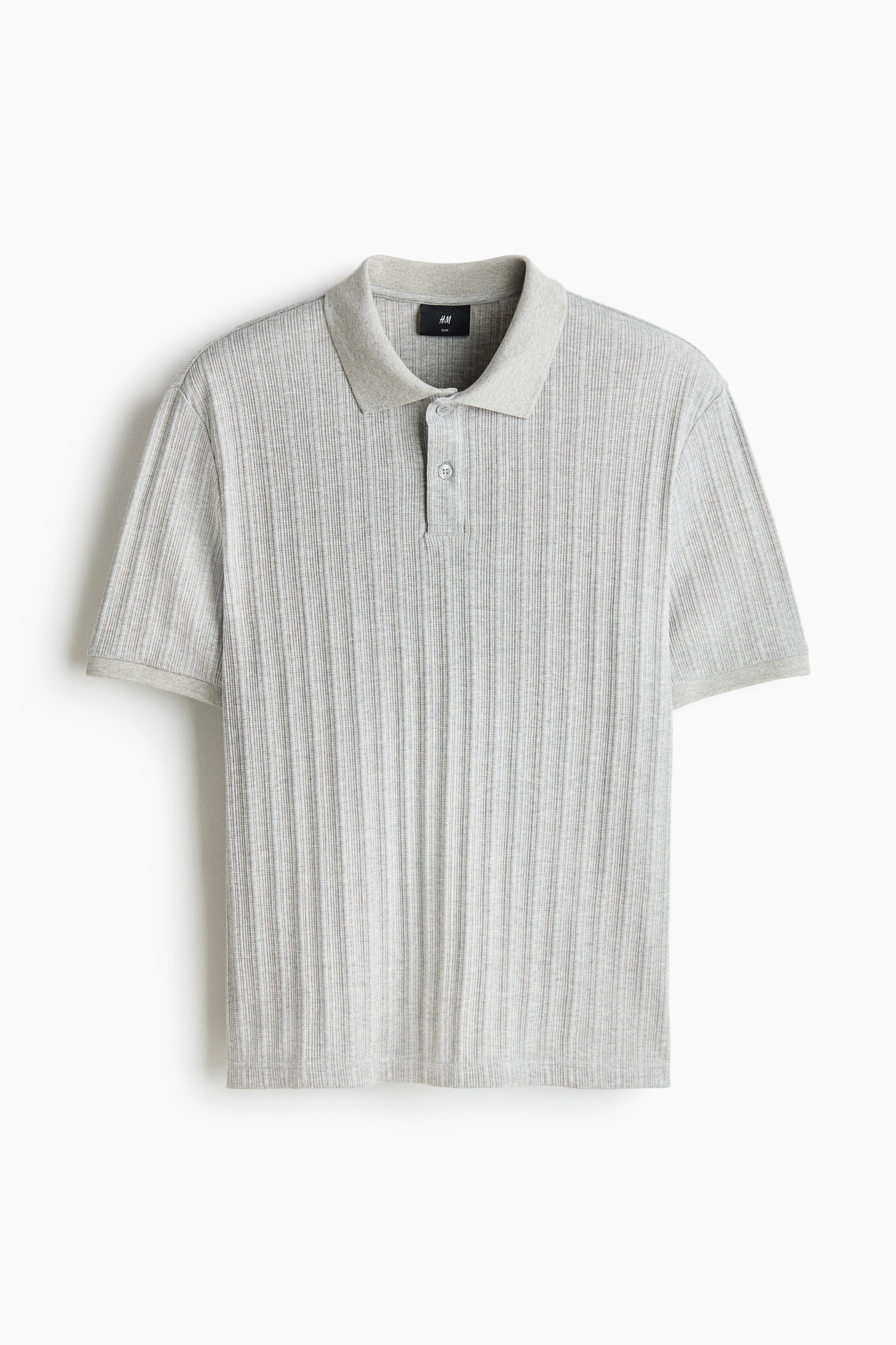 View larger image: A light gray polo shirt is presenting its FRONT, featuring a textured, midweight jersey fabric with visible vertical ribs. 