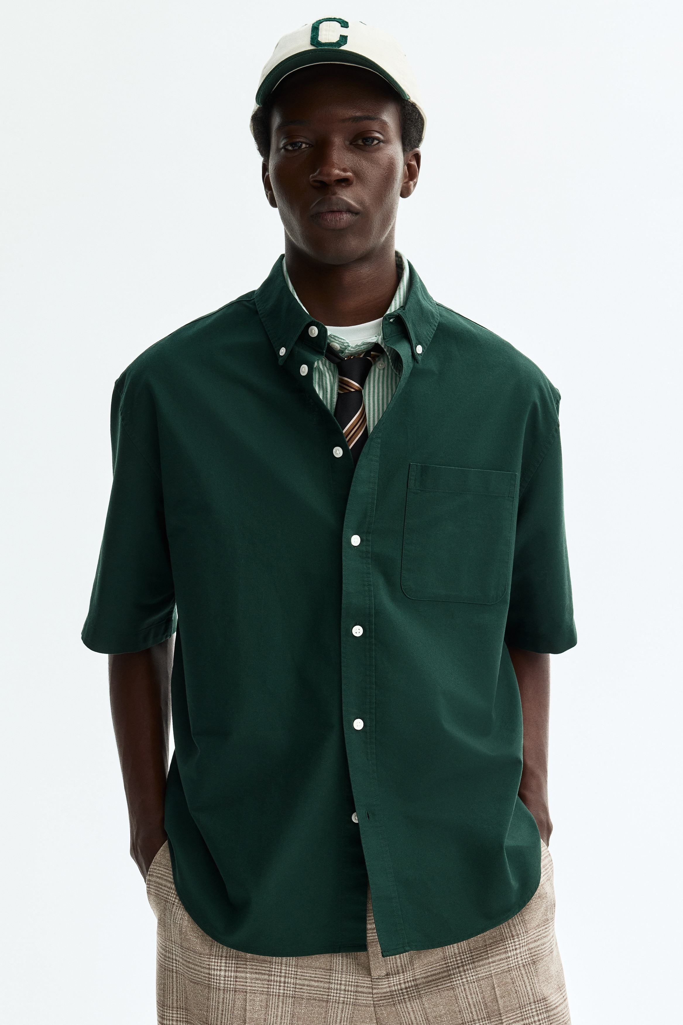 Relaxed-Fit Short-Sleeved Oxford Shirt - Dark green/Green/striped/Dark blue/Black/Blue/striped/White