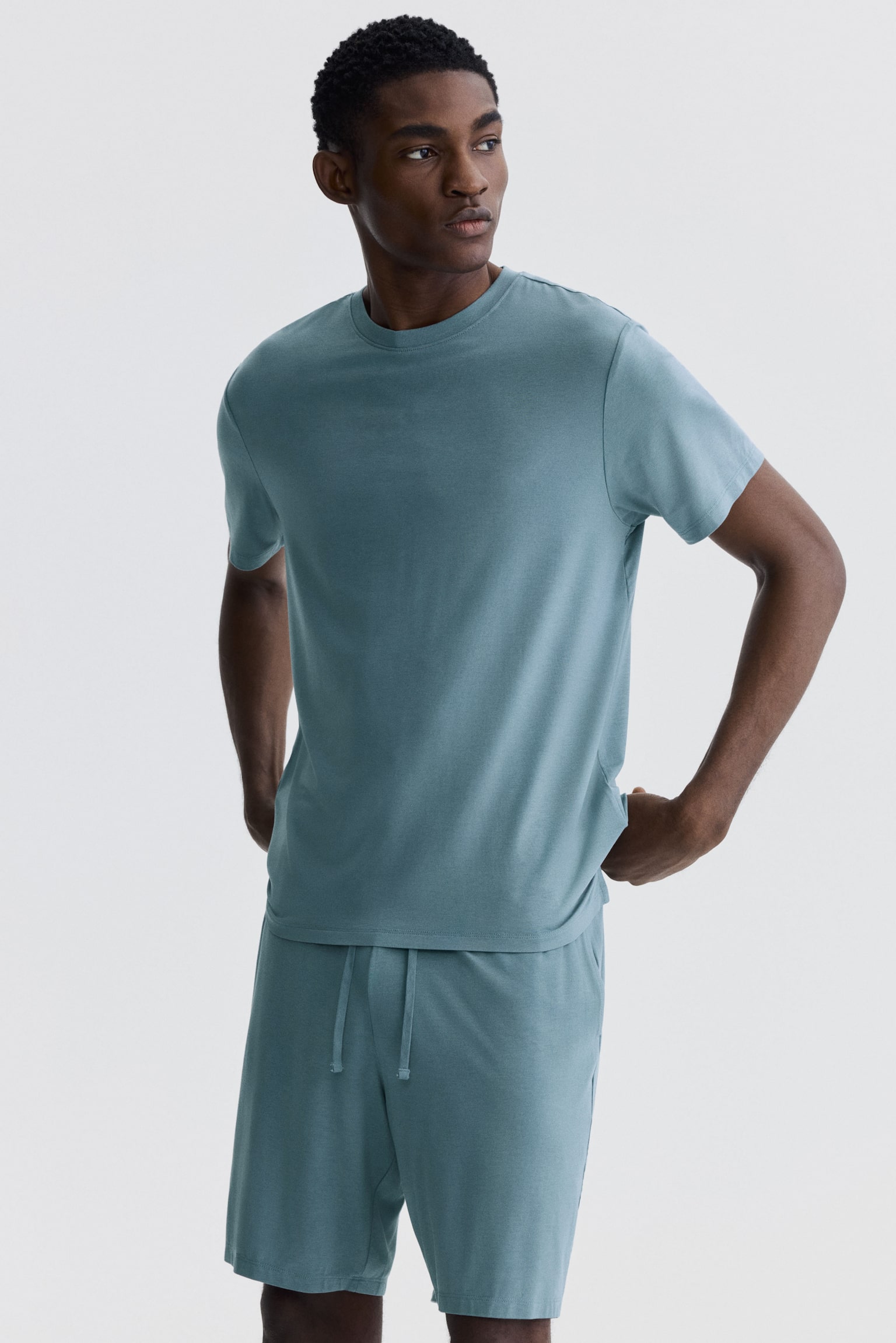 Jersey pyjama T-shirt and shorts - Turquoise/Dark brown/Light grey marl - 2