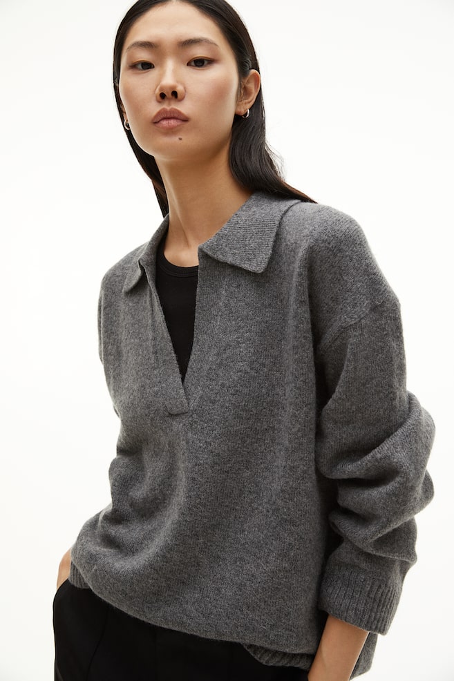 Fine-knit collared jumper - Dark grey/Light beige marl/Light beige/Striped - 1