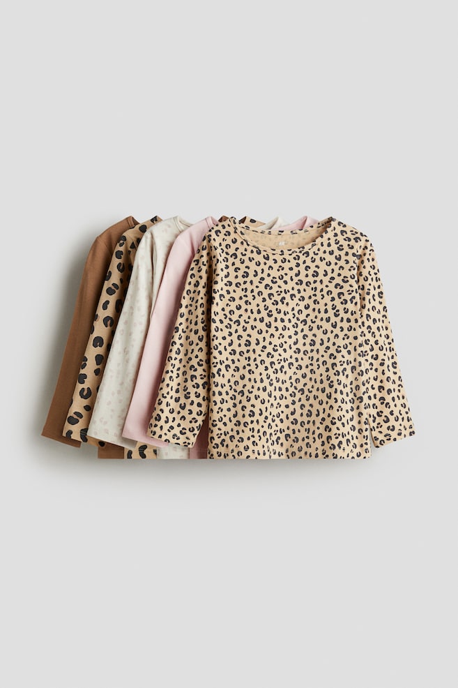 Maglie a maniche lunghe in cotone 5 pezzi - Rosa chiaro/leopardato - 1