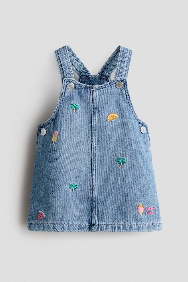 Embroidered-Detail Denim Overall Dress - Denim blue/palm trees - 1