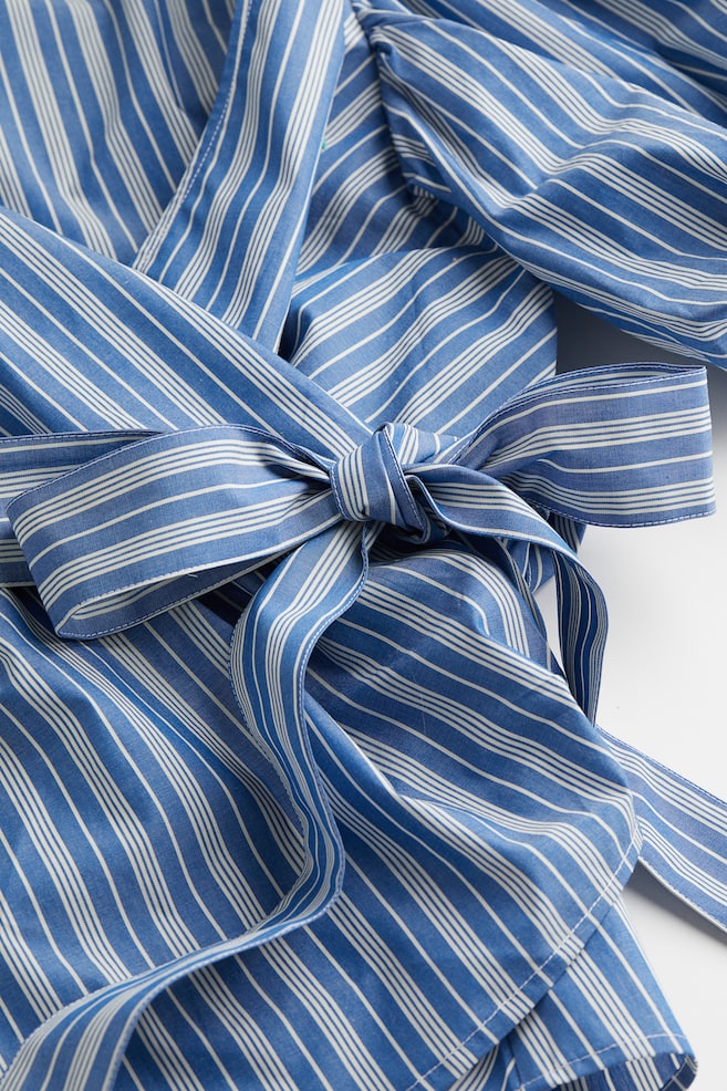 Balloon-sleeved wrap blouse - Blue/Striped/White - 4