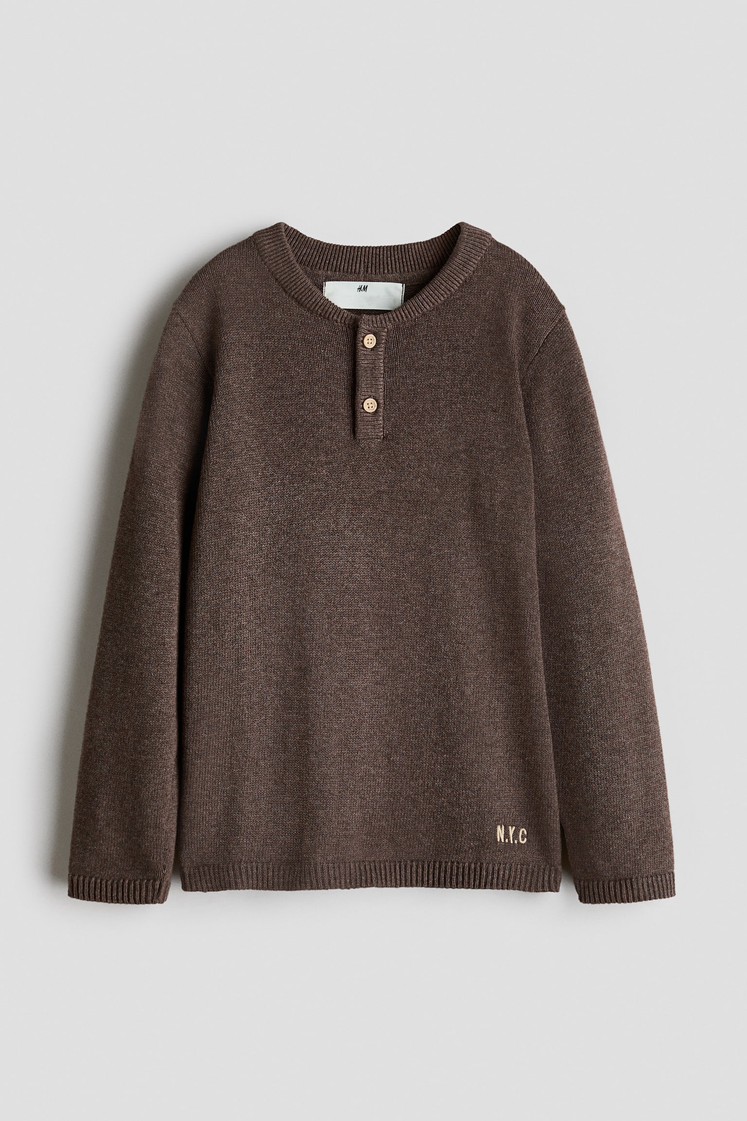 Waffle-knit Henley jumper - Dark brown/N.Y.C/Light beige marl