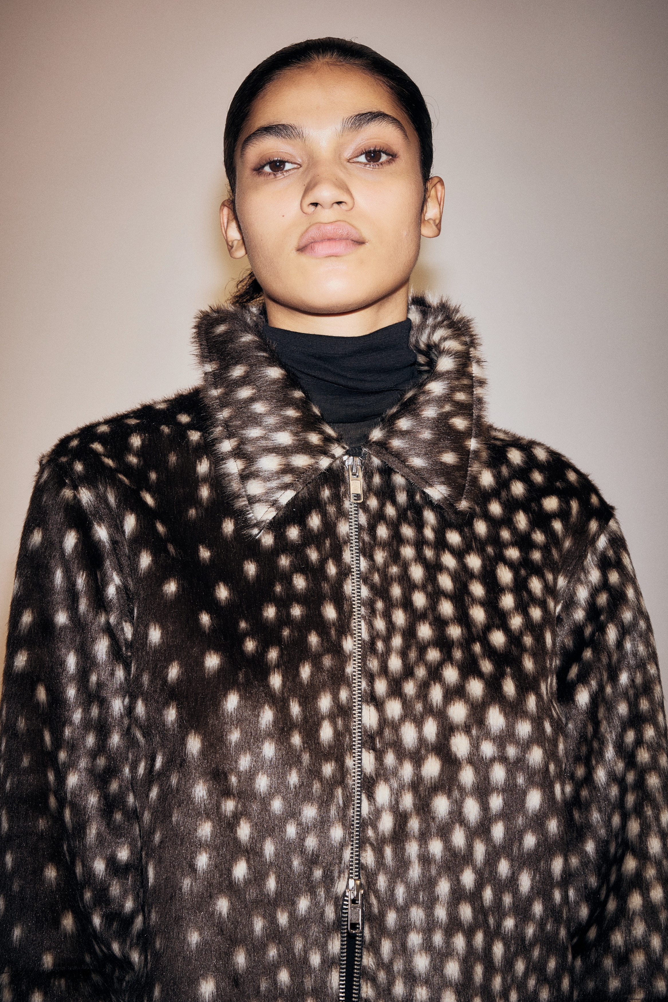 Ladies - Dark brown/Spotted Fuzzy jacket - Size: L  - H&M