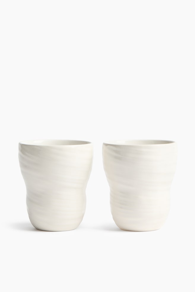 Lot de 2 mugs texturés en grès cérame - Blanc - 1