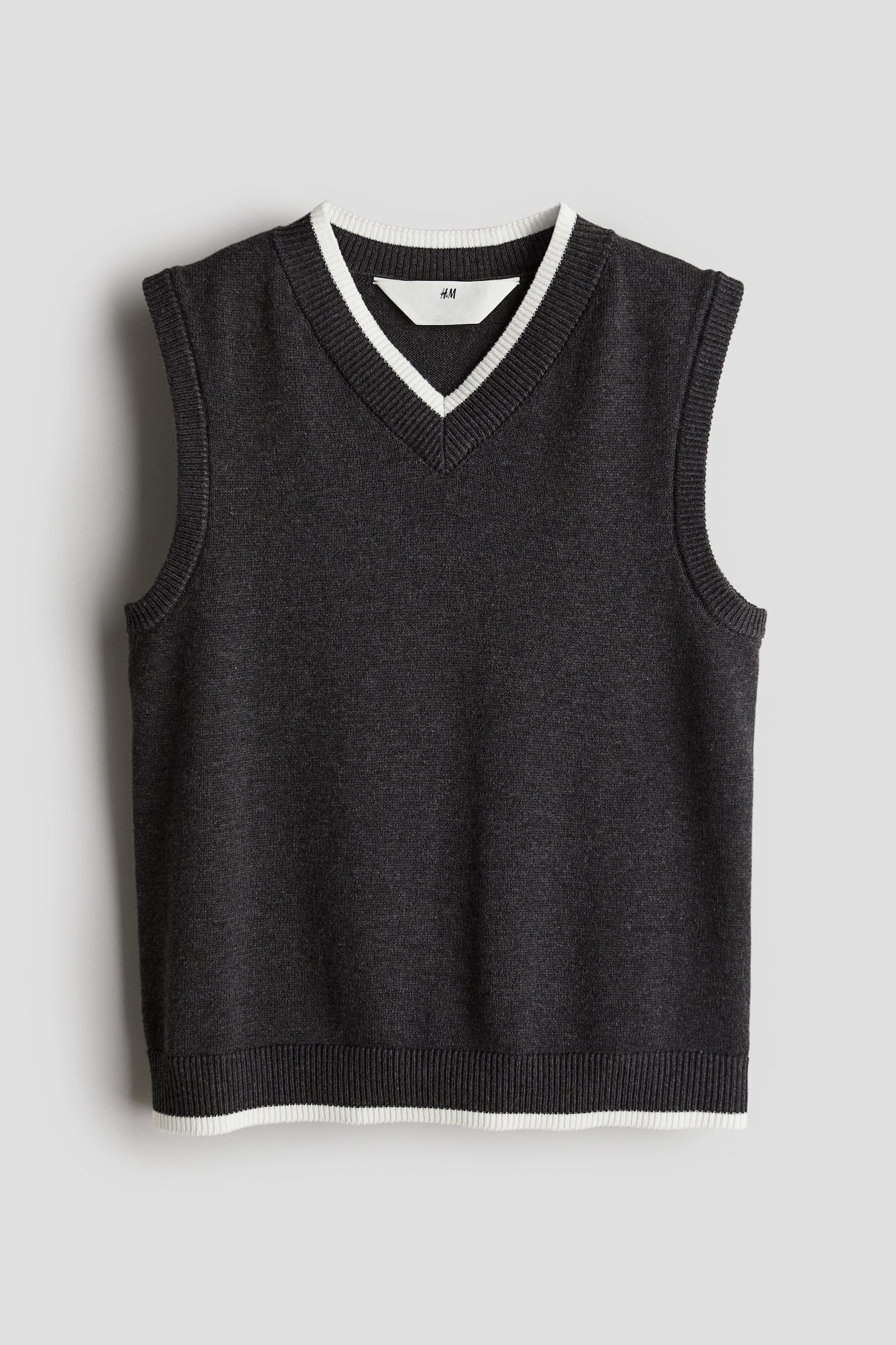 V-neck Knit Vest - Dark grey/White - 1